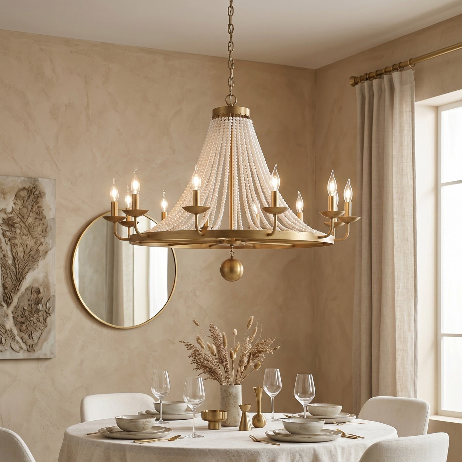 Close-up view of the cascading faux pearl strands on the chandelier.