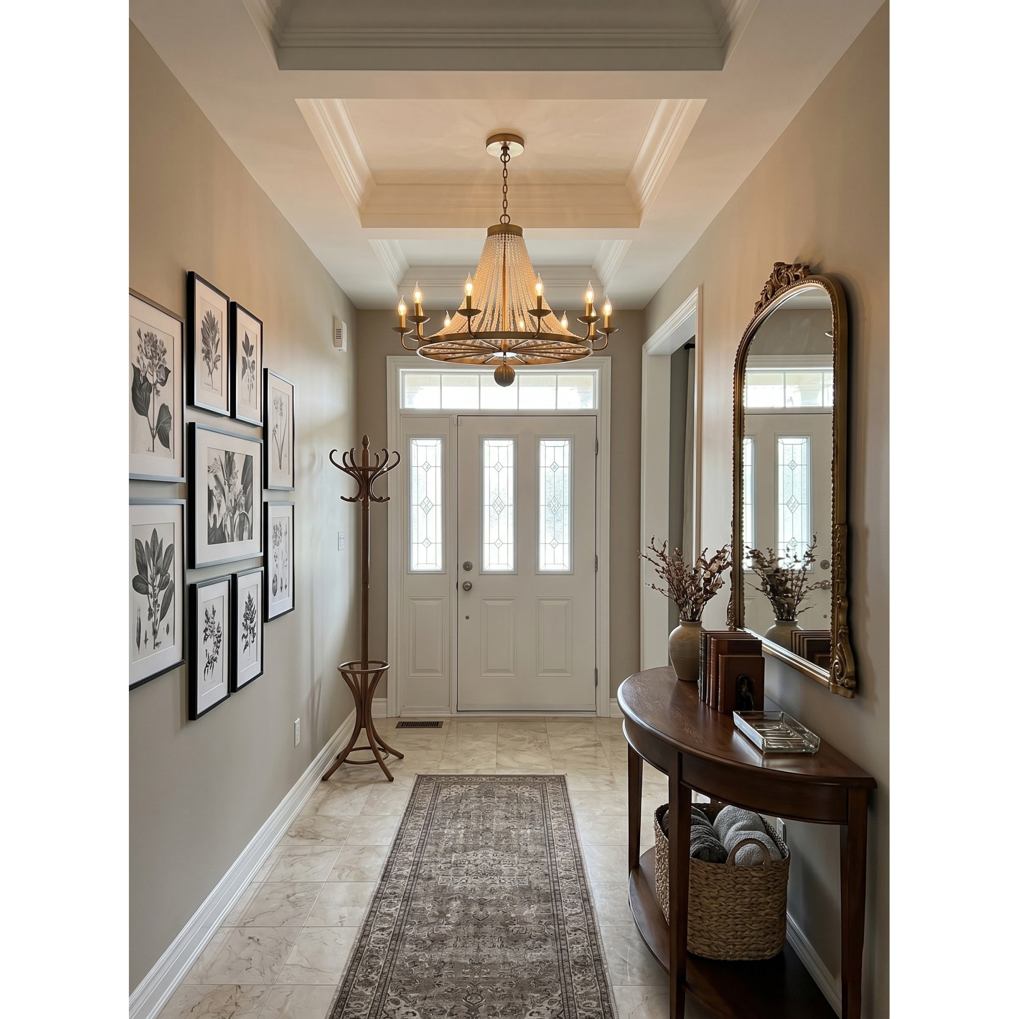 Angled view showcasing the draped silhouette of the pearl chandelier.