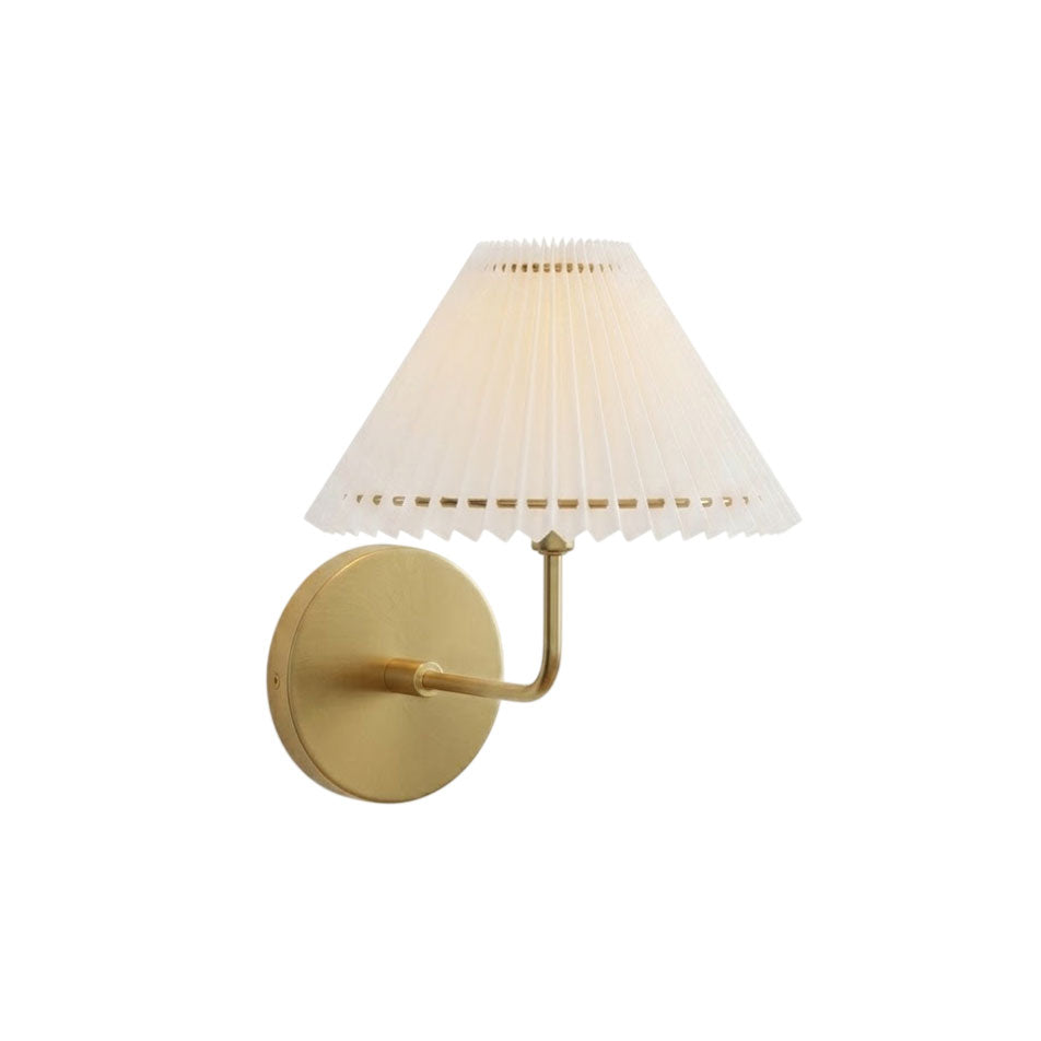 Pearson Wall Sconce in brass finish with a white pleated fabric shade.