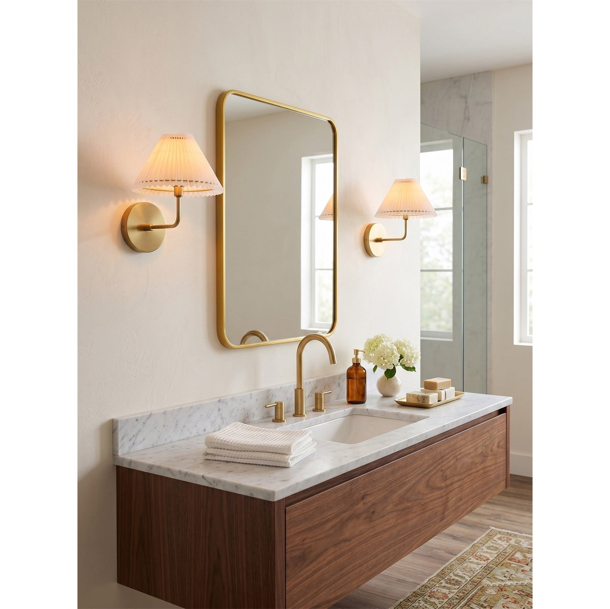 Lifestyle image of the sconce illuminating a curated hallway.