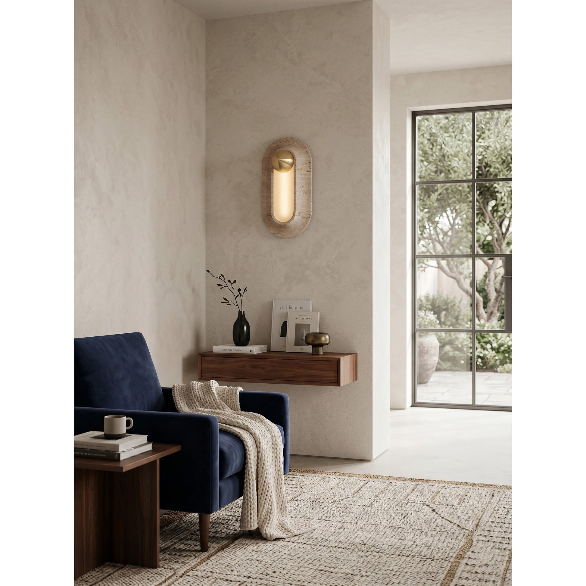 The sconce used as vanity lighting next to a bathroom mirror.