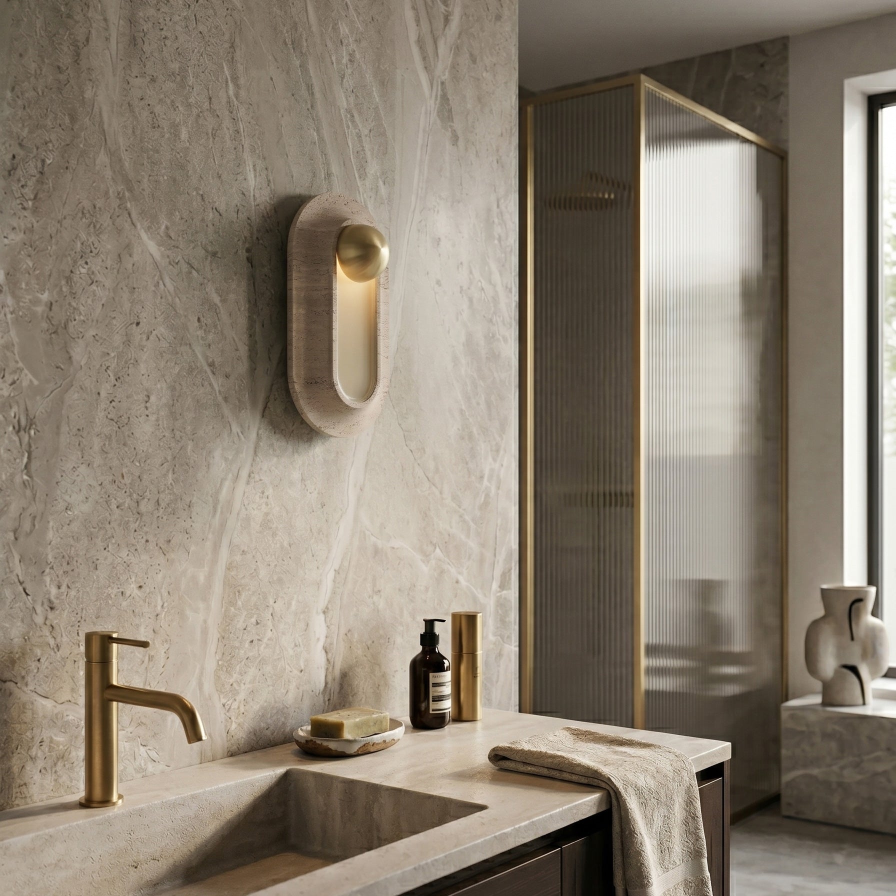 Angled view of the travertine wall sconce, highlighting the natural texture of the stone.
