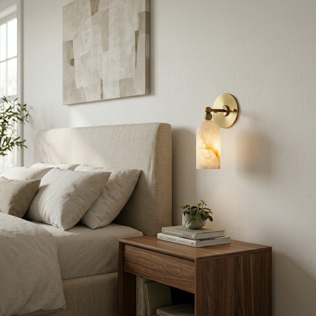 The wall sconce turned on, emitting a warm and soft glow.