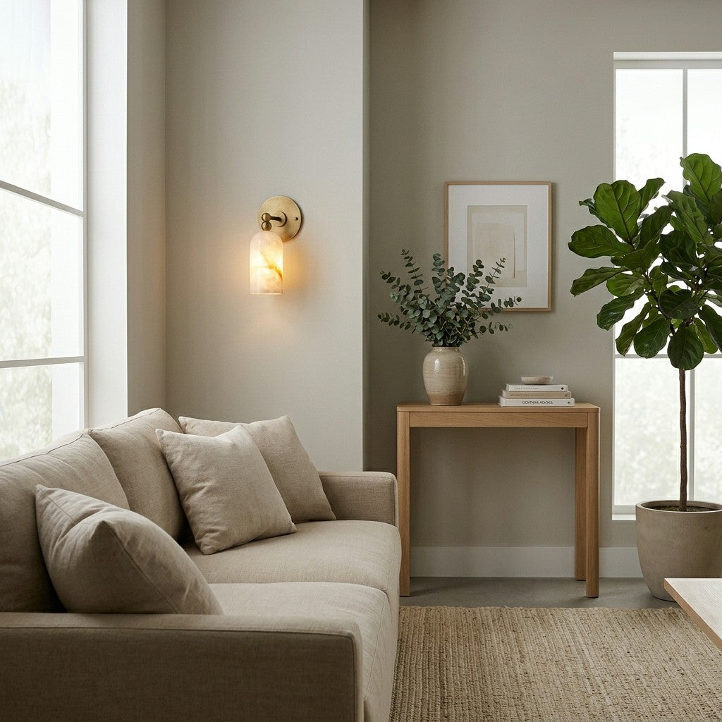 Pratt Alabaster Wall Sconce installed in a modern hallway.