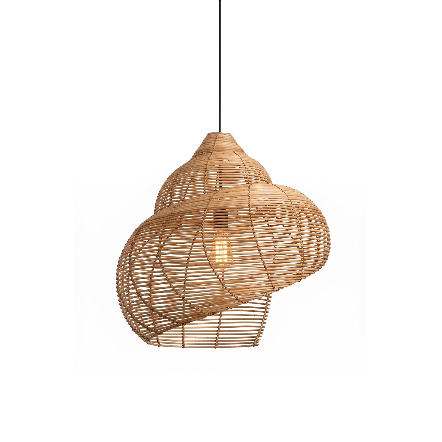 Rattan Spiral Shell Pendant Lamp hanging in a bright, coastal-style room.