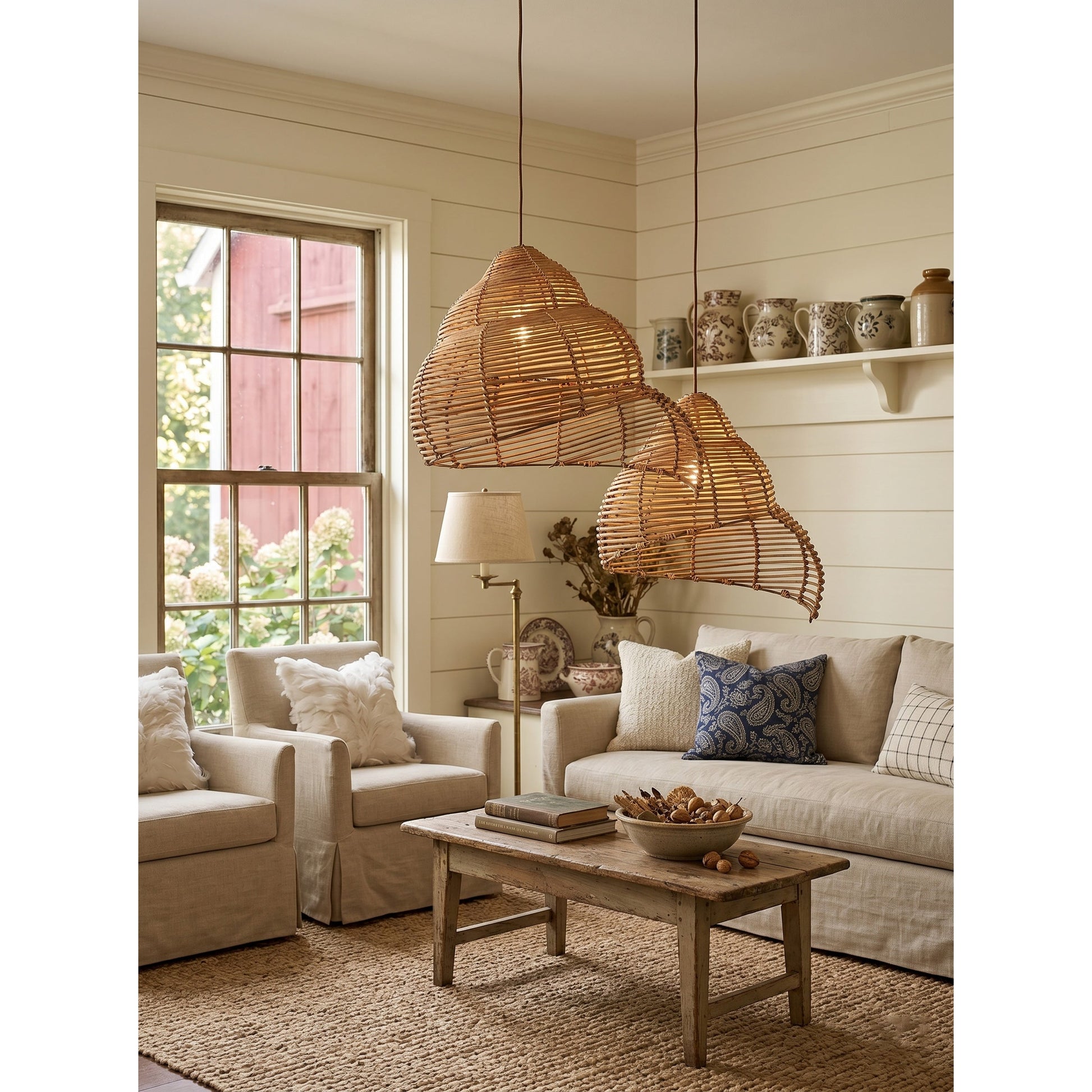 The pendant lamp shown from a low angle against a white ceiling.