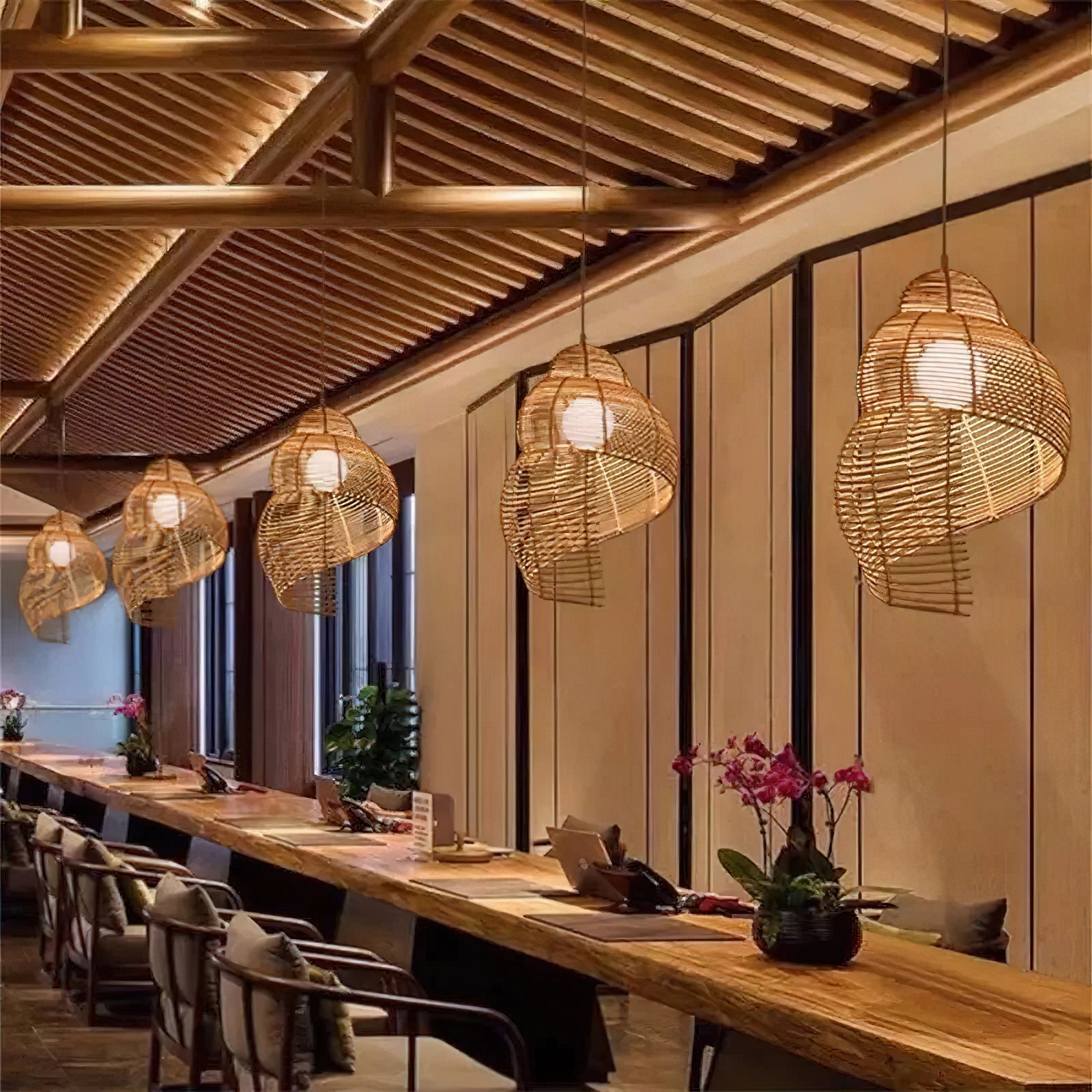 The natural rattan color of the lamp shade in daylight.