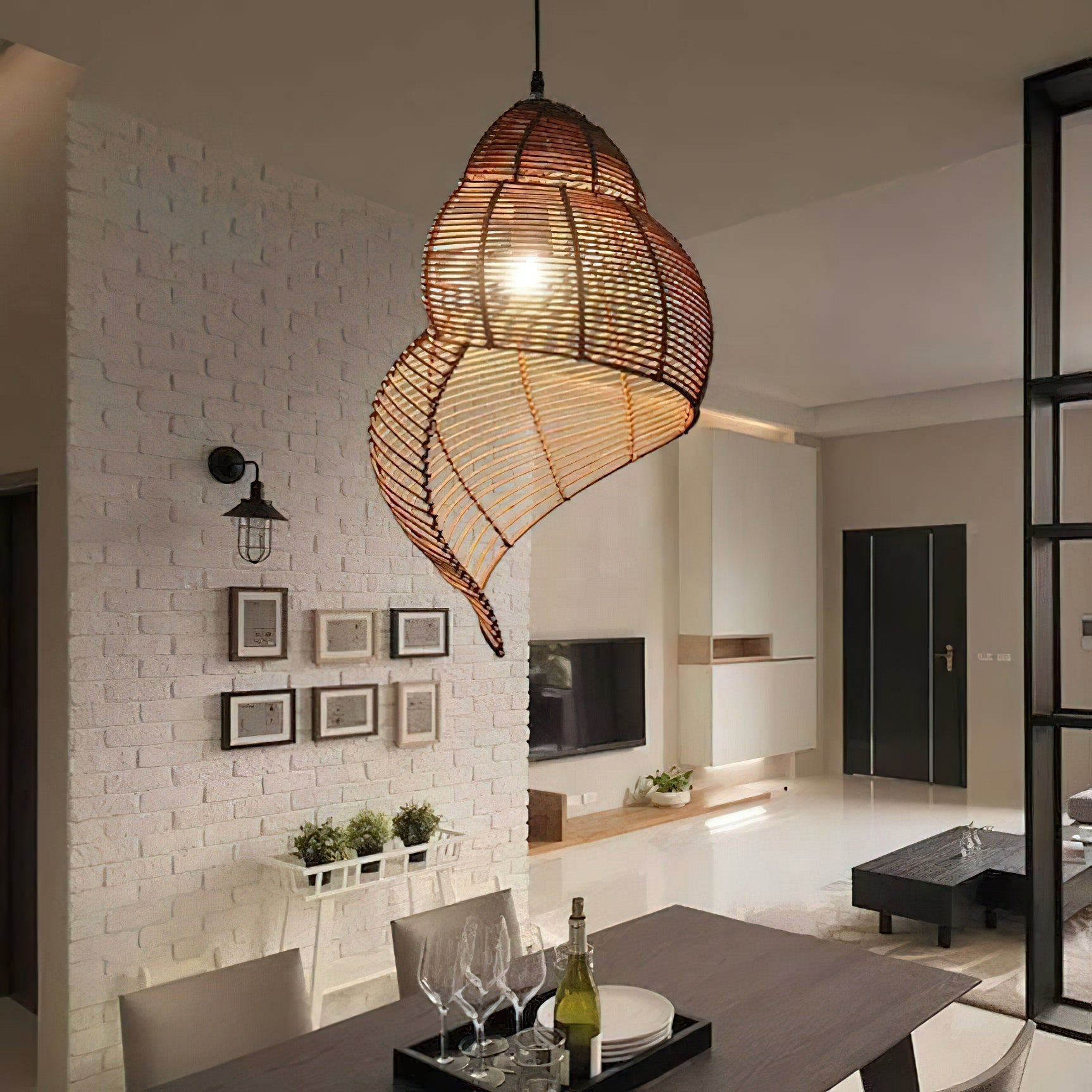 Lifestyle image of the lamp in a Japandi-inspired living space.