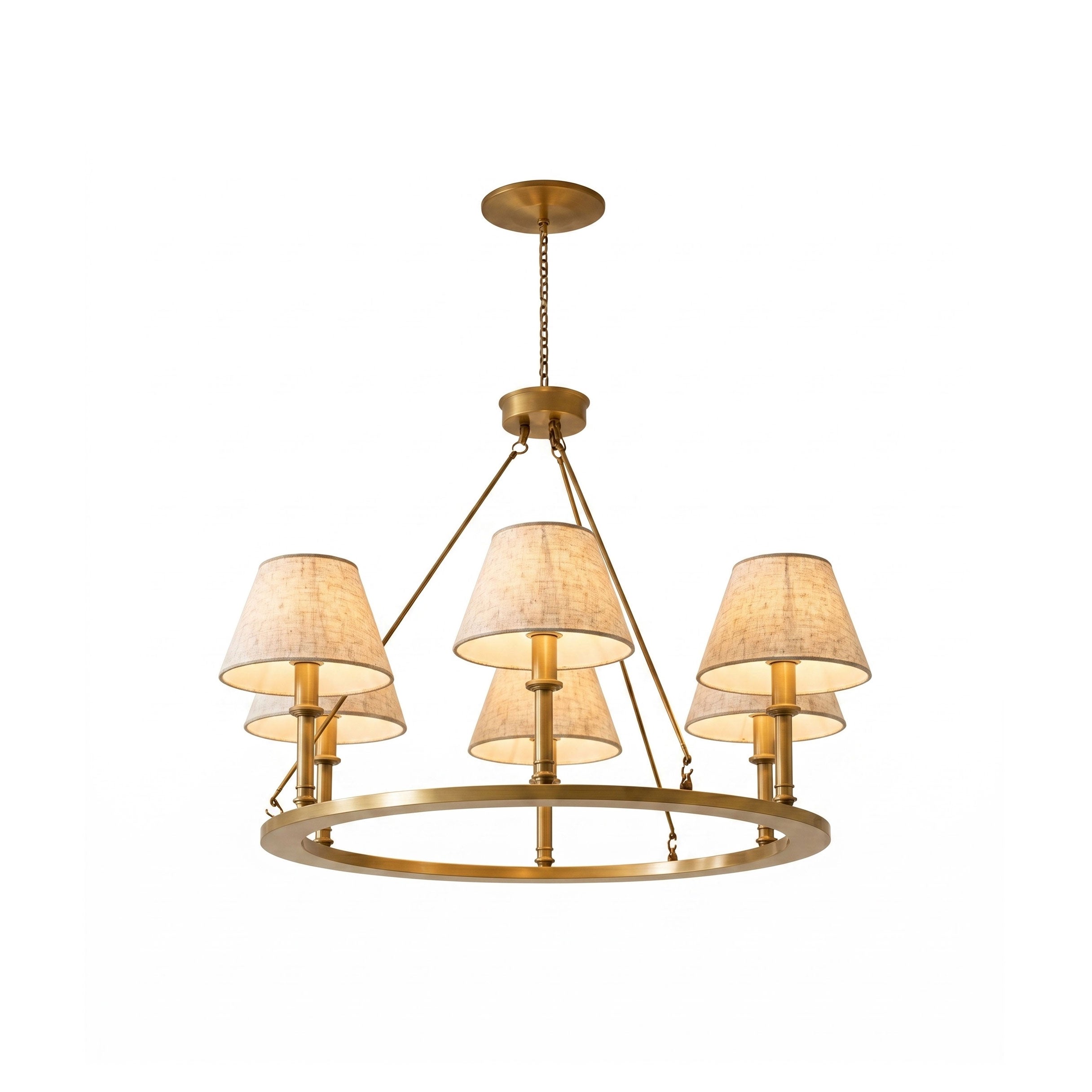 Redlands wagon-wheel chandelier with linen shades in a dining room.