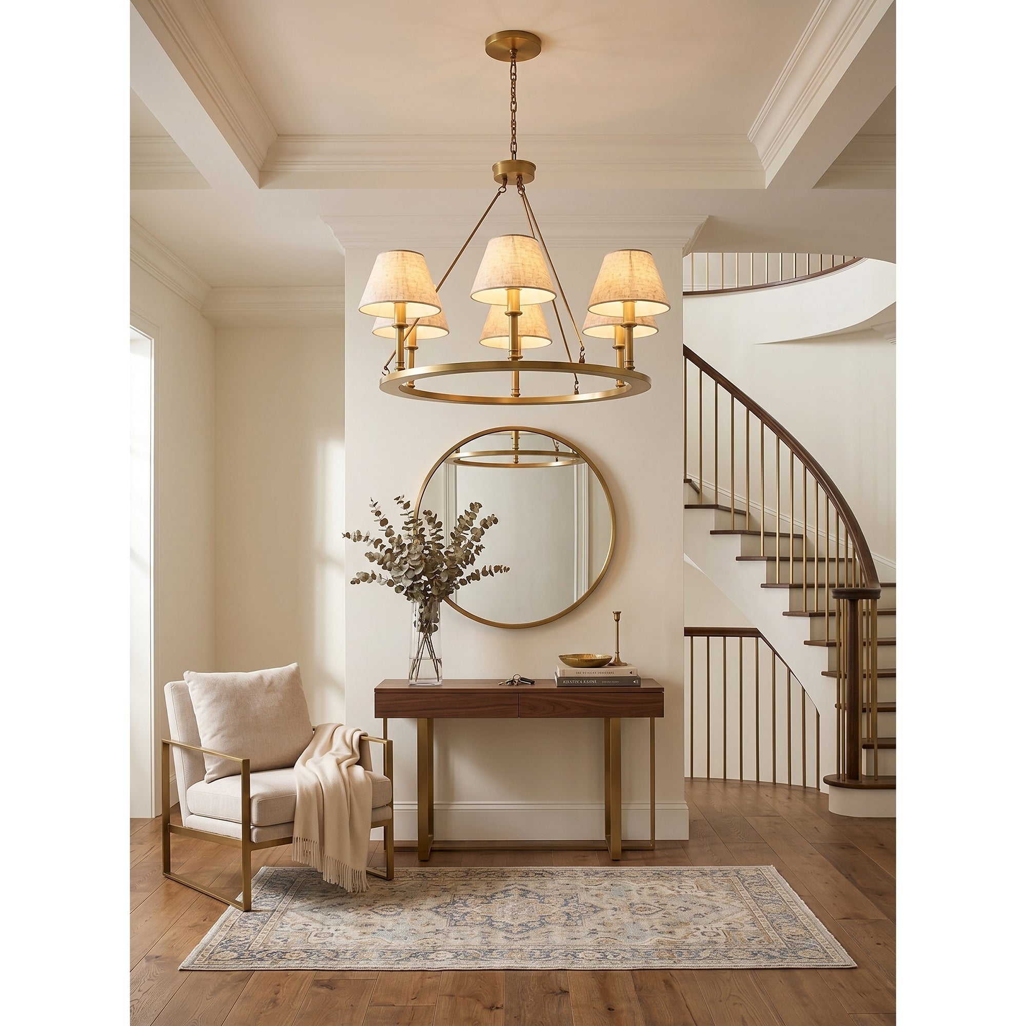 The Redlands chandelier as a focal point in a high-ceiling entryway.
