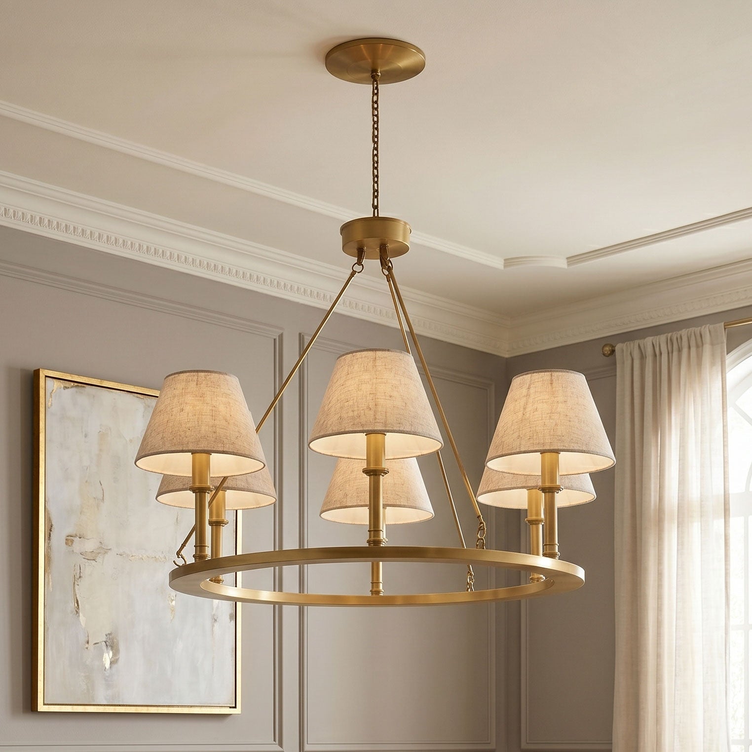 Detail of the textured linen fabric on the chandelier shade.