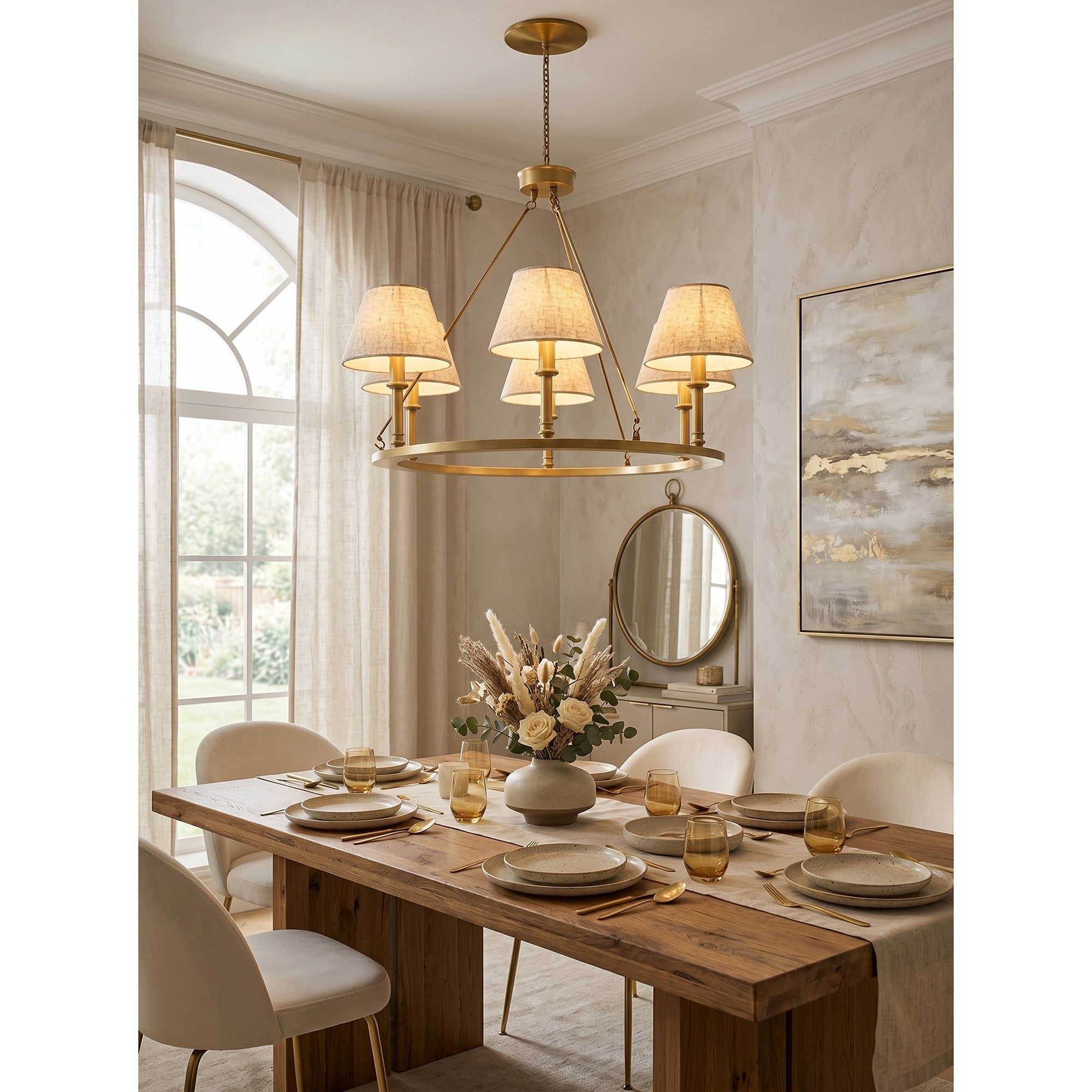 Angled view of the Redlands chandelier showing its circular frame.