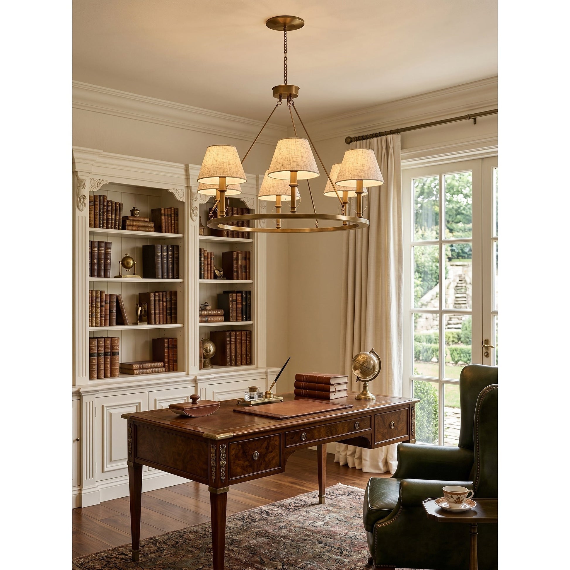 The Redlands chandelier illuminated, creating a warm and inviting atmosphere.