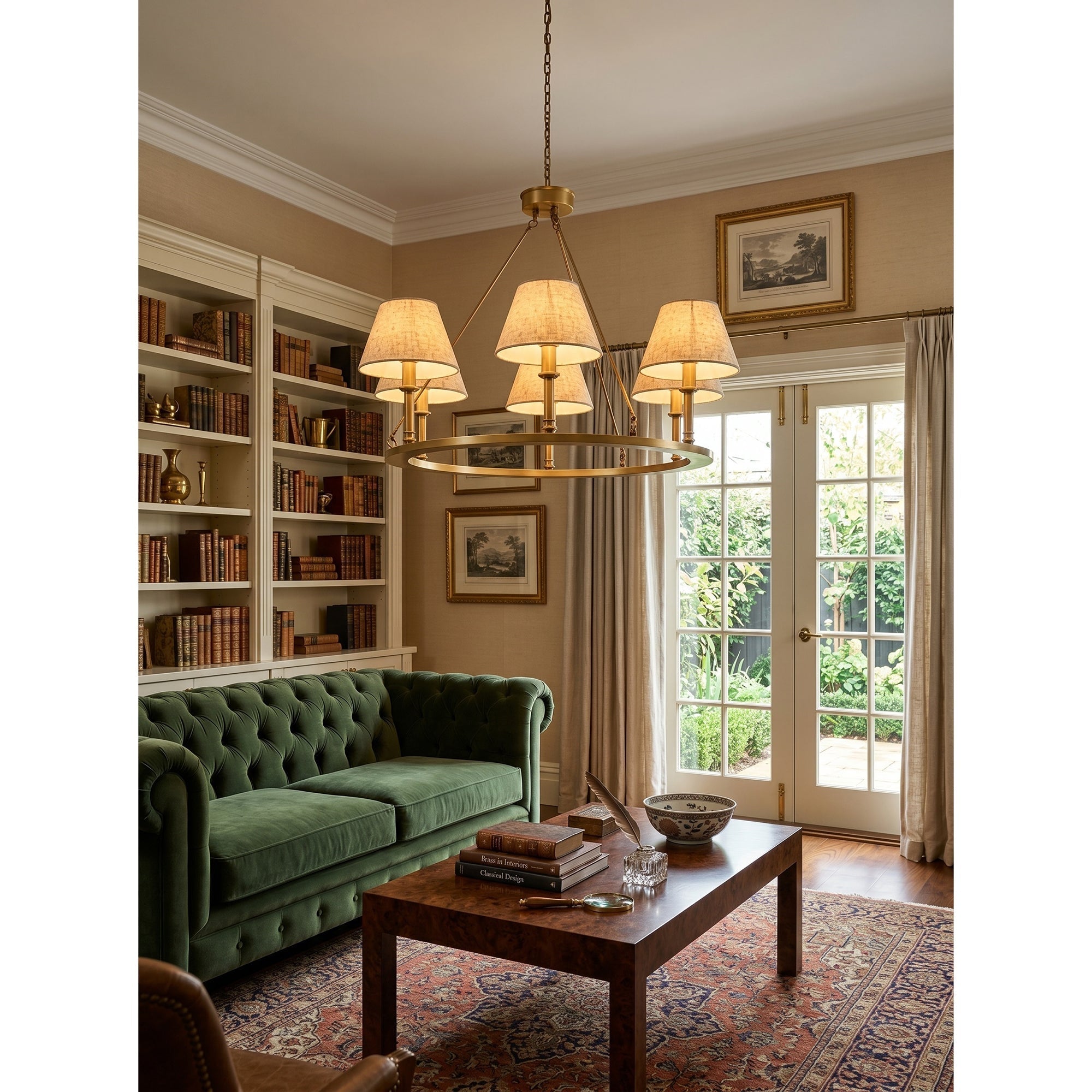Side view of the Redlands chandelier against a light-colored wall.