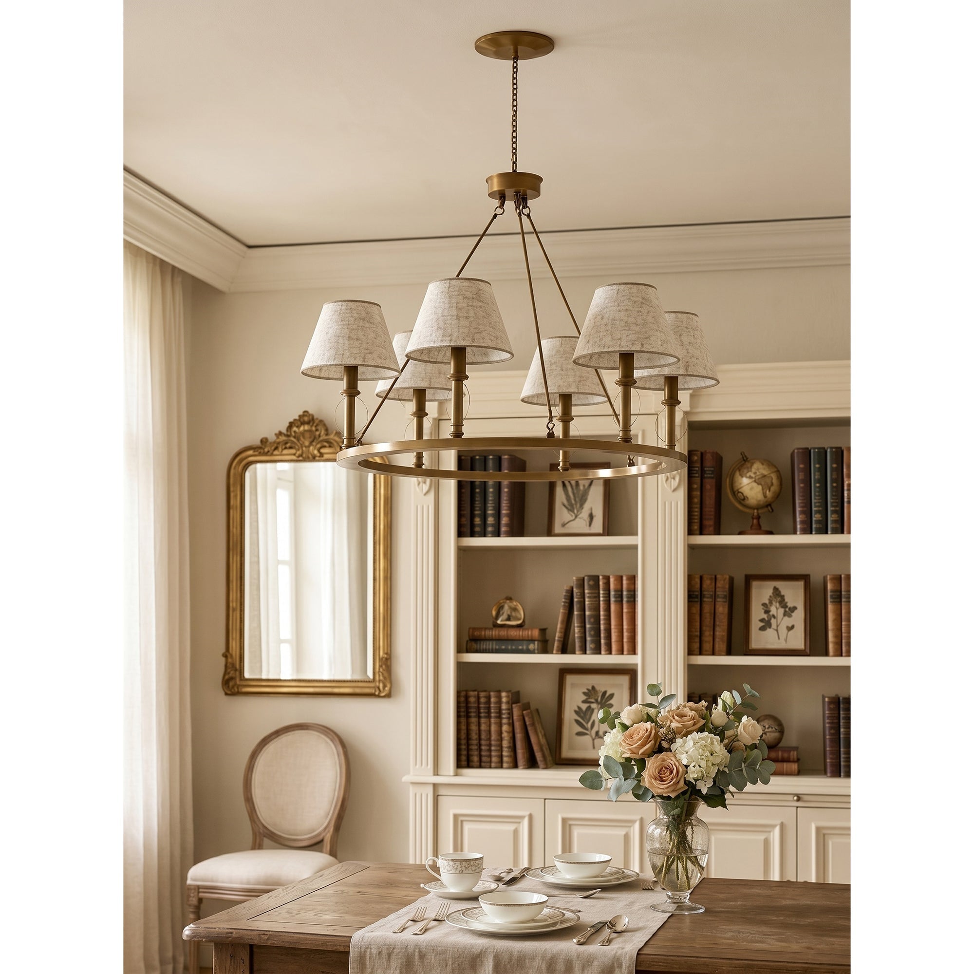 The Redlands chandelier installed in a living room with modern farmhouse decor.