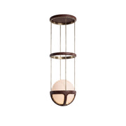 Reprise Pendant Lamp with brown leather straps and a white glass globe.