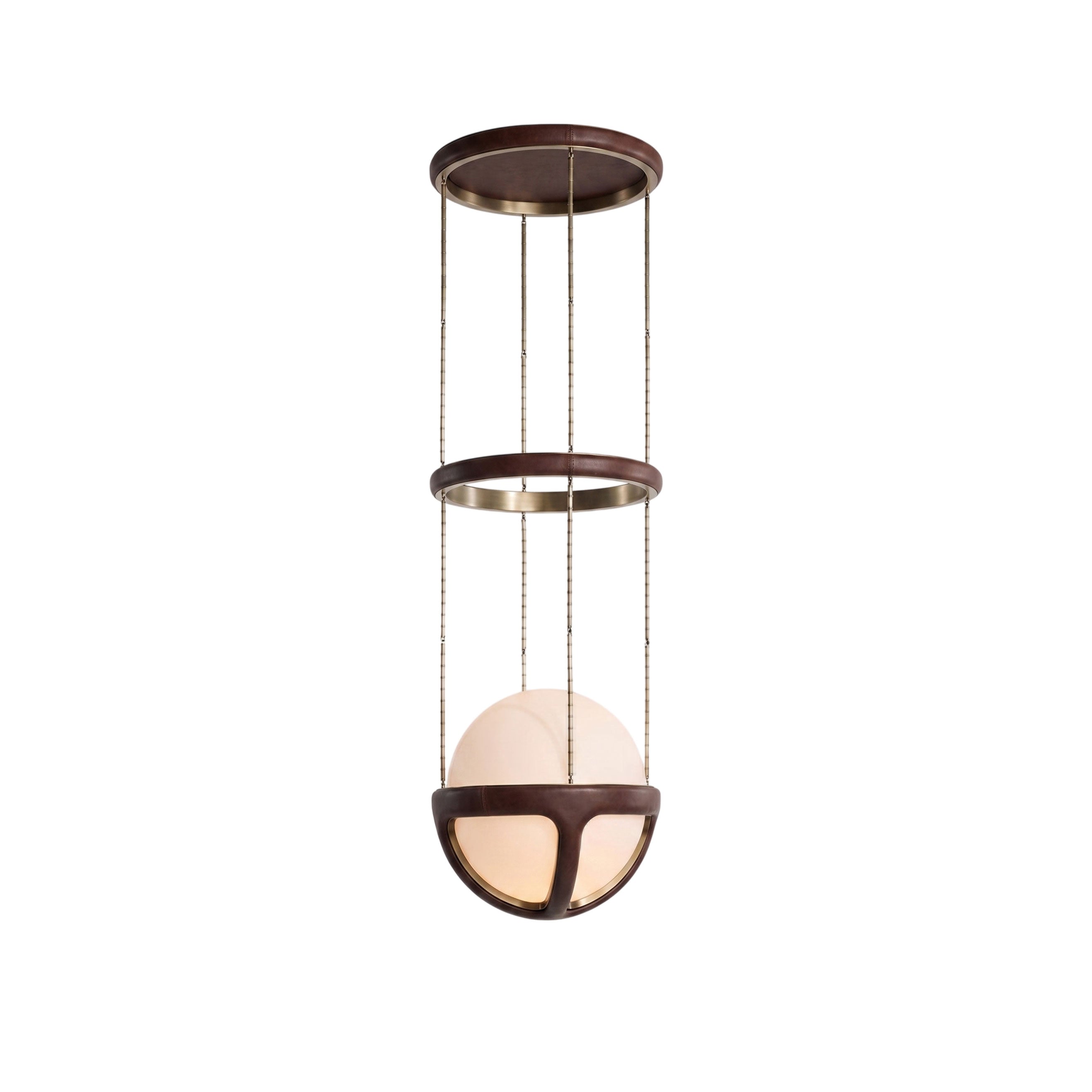 Reprise Pendant Lamp with brown leather straps and a white glass globe.
