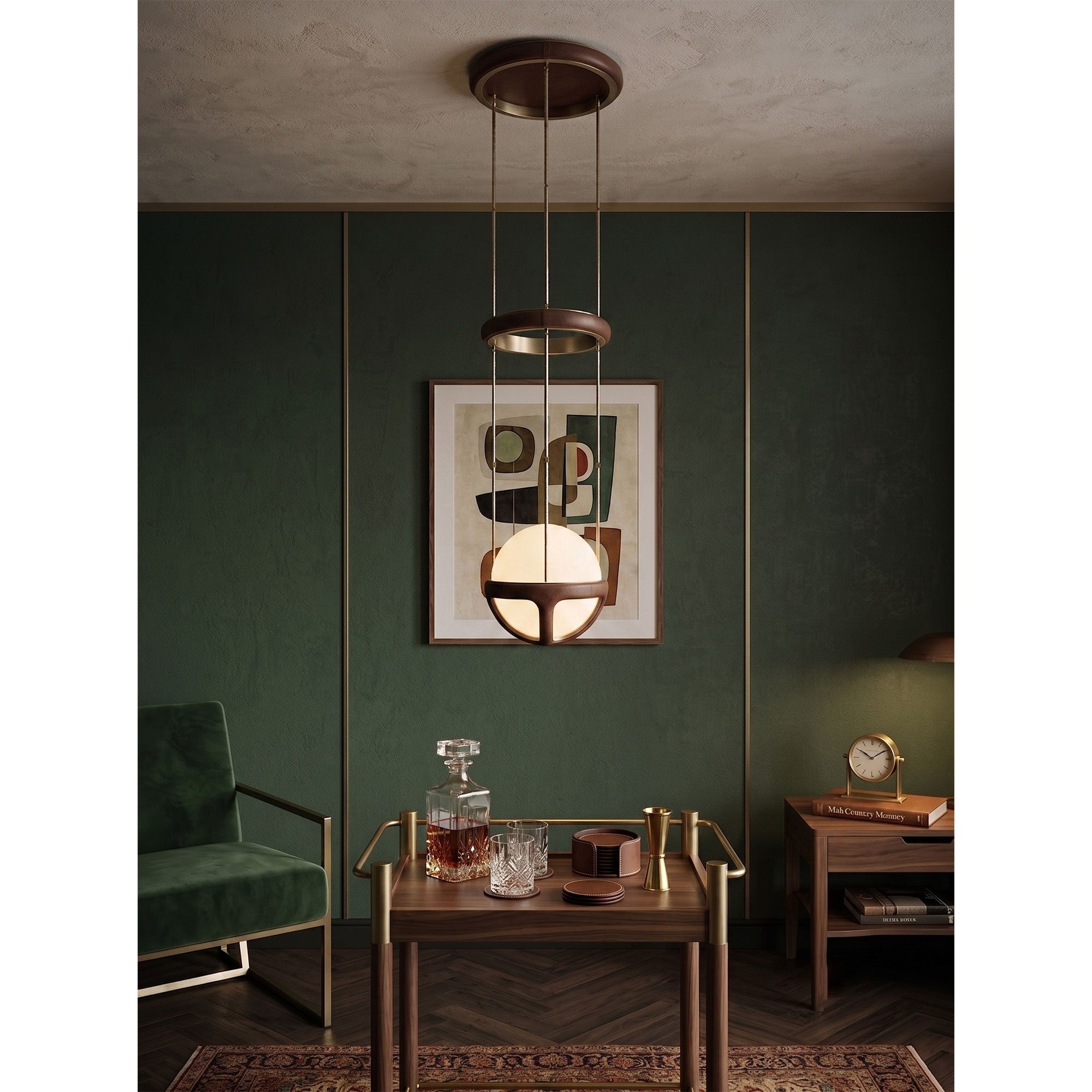 The Reprise Pendant Lamp hanging over a transitional dining table.
