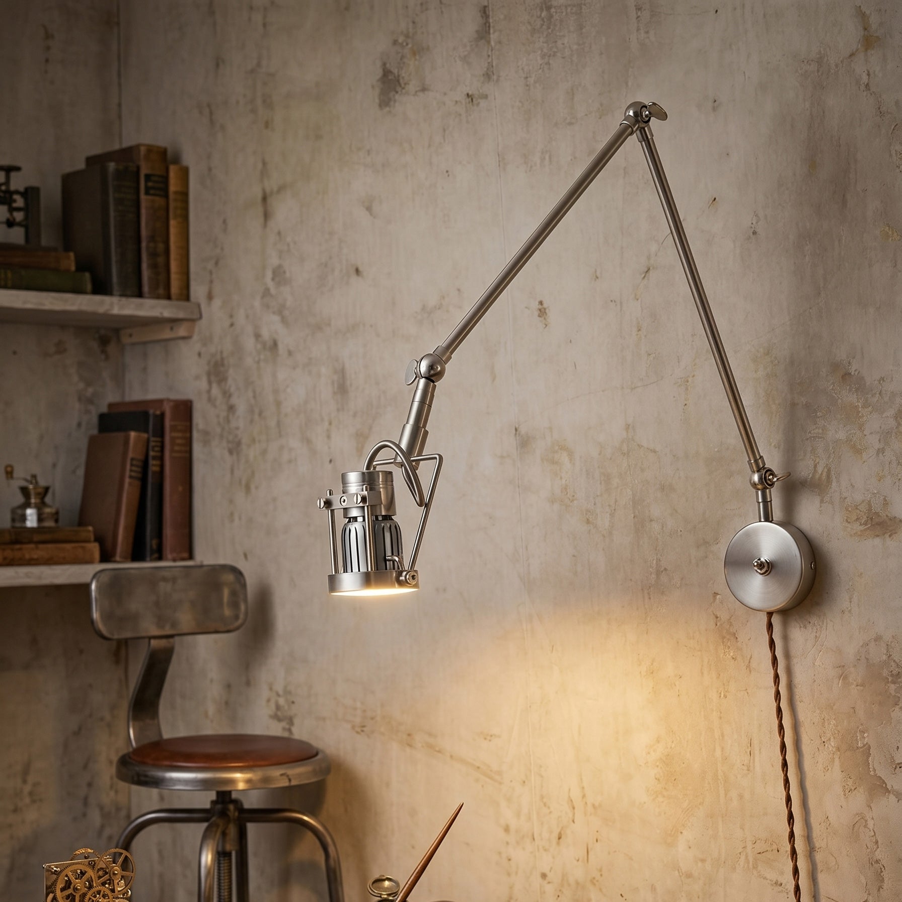 Close-up of the caged metal head of the Reznor industrial wall sconce.
