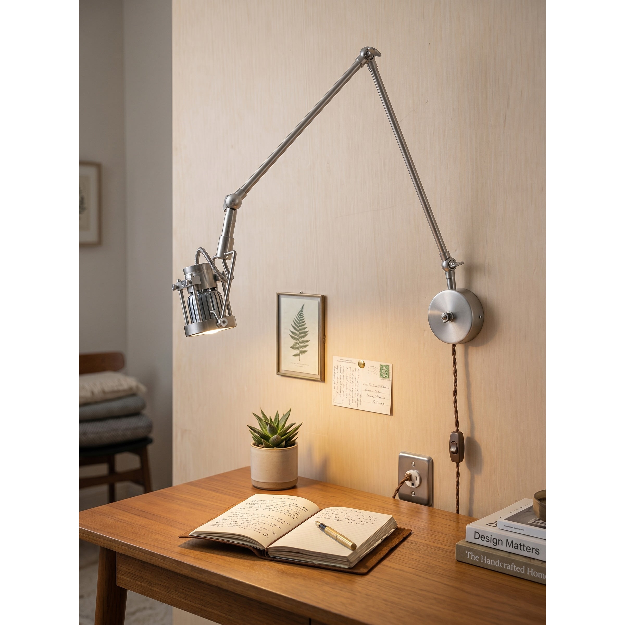 The Reznor wall sconce installed above a bedside table in a modern bedroom.