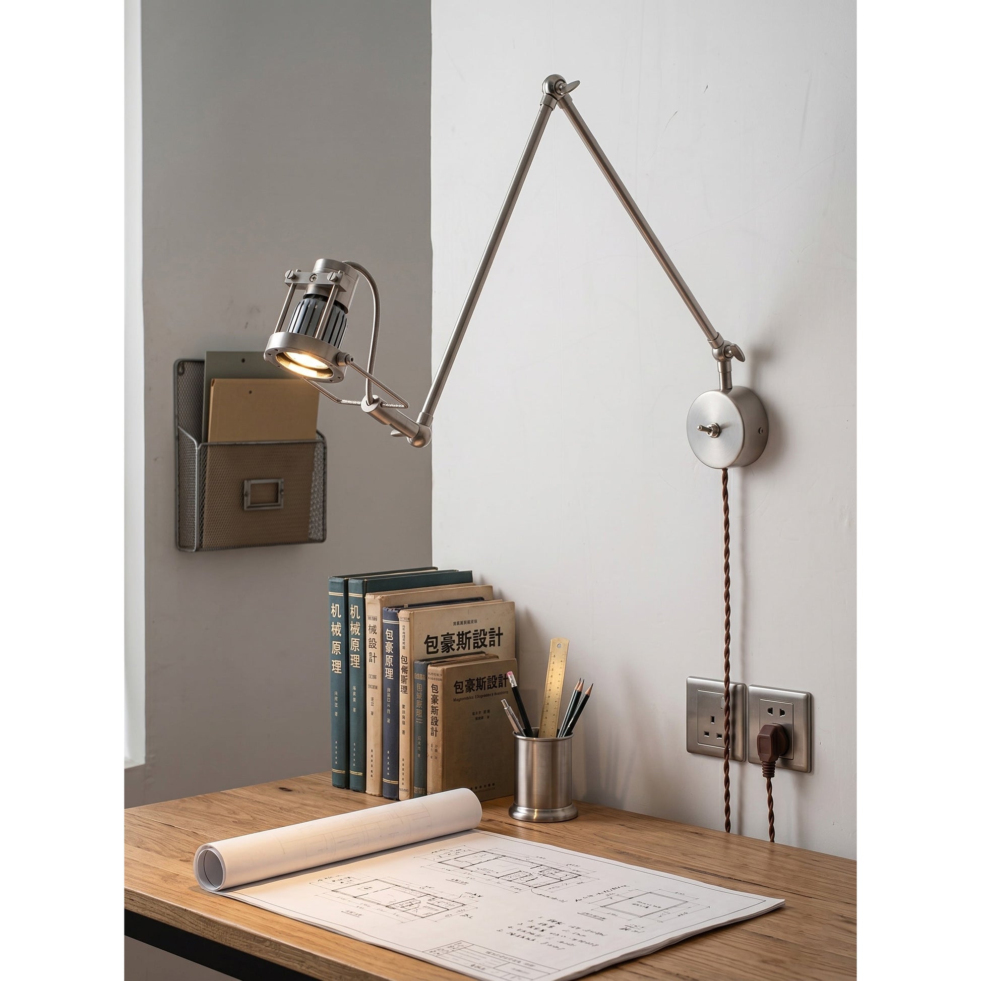 Reznor wall sconce used as a task light over a desk in a home office.