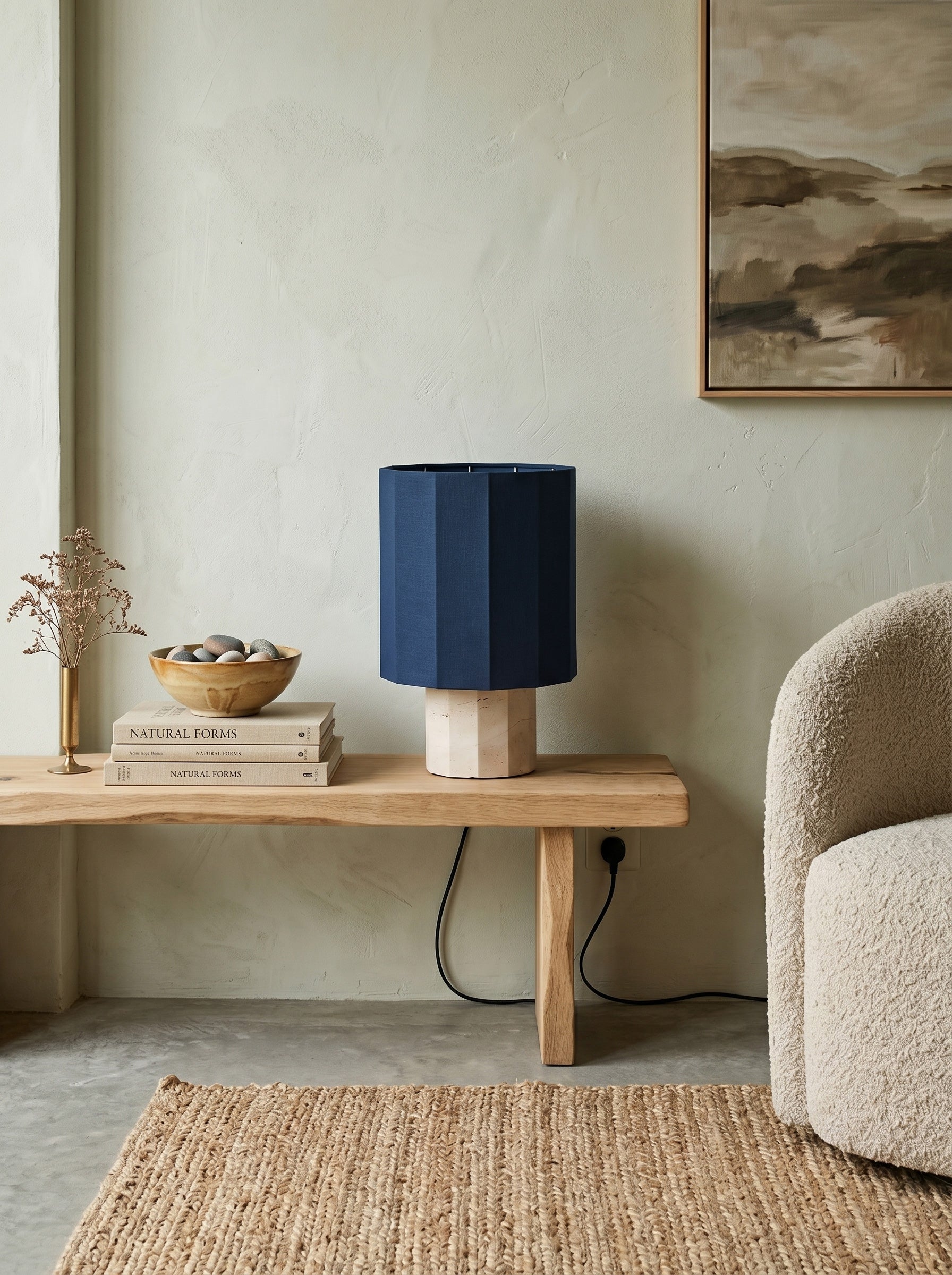 Detail shot of the rich navy blue fabric drum shade.