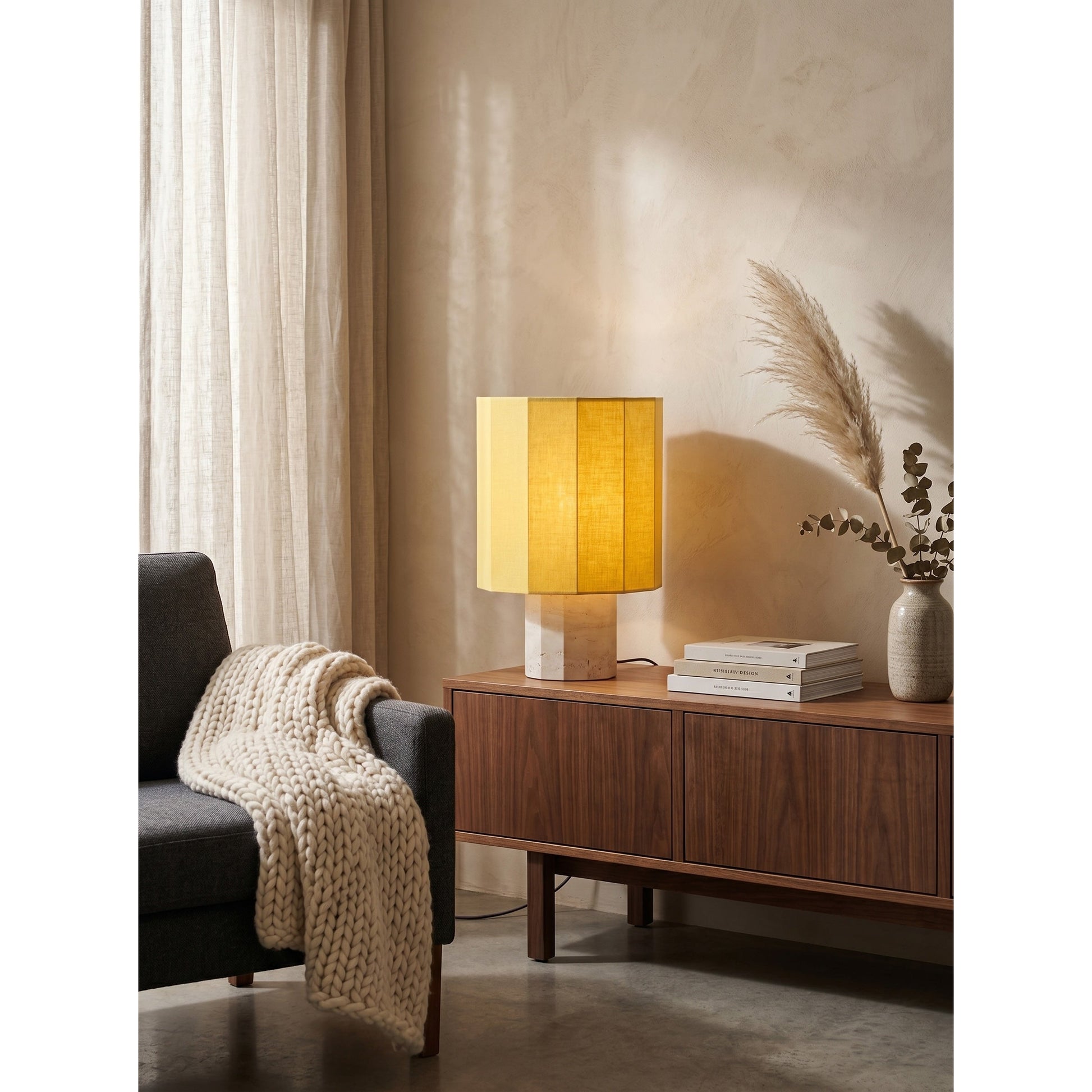 The lamp placed on a high-end entryway console table.