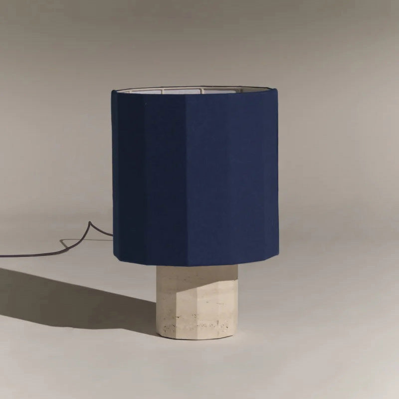 Full product view of the Roma Dodecagon Travertine Table Lamp.