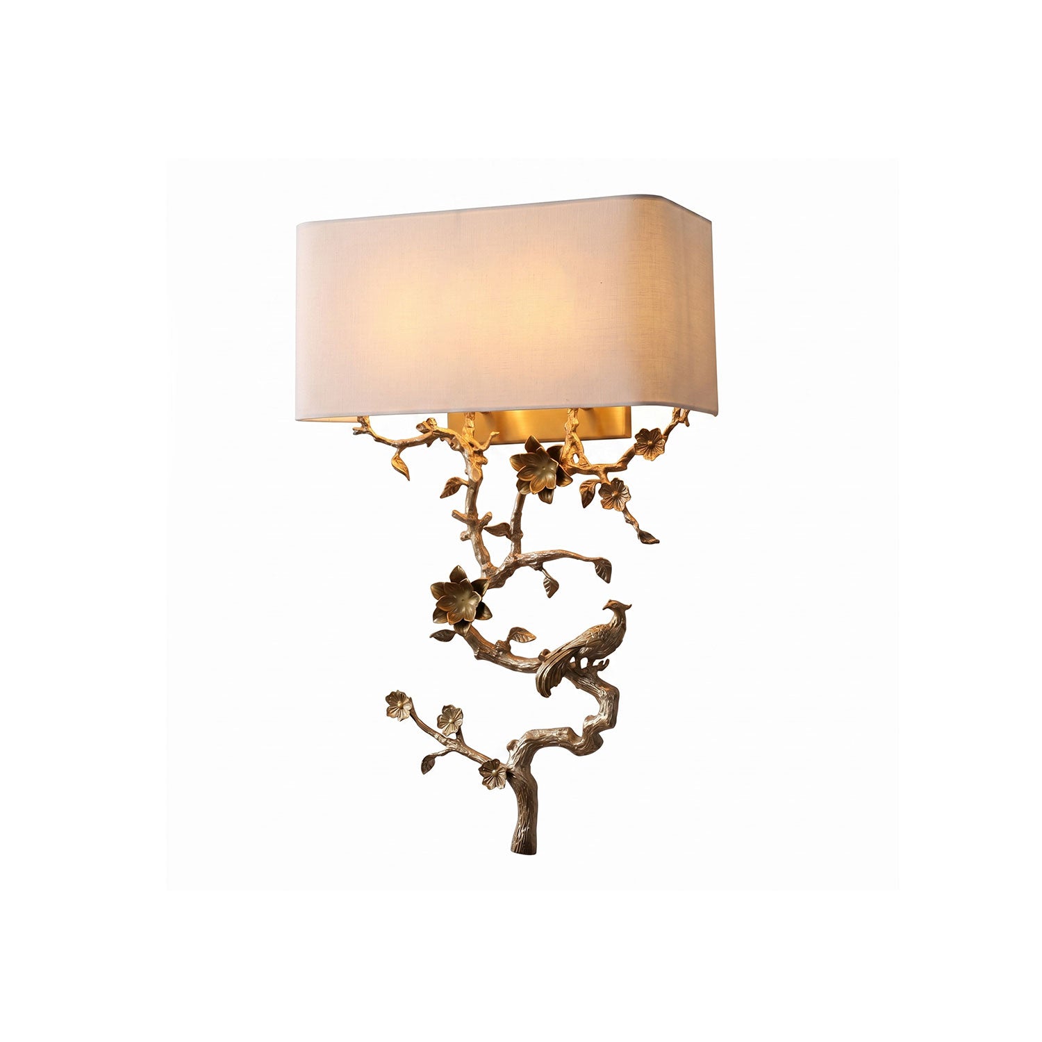 Sanremo Wall Sconce with floral brass details and white fabric shade.