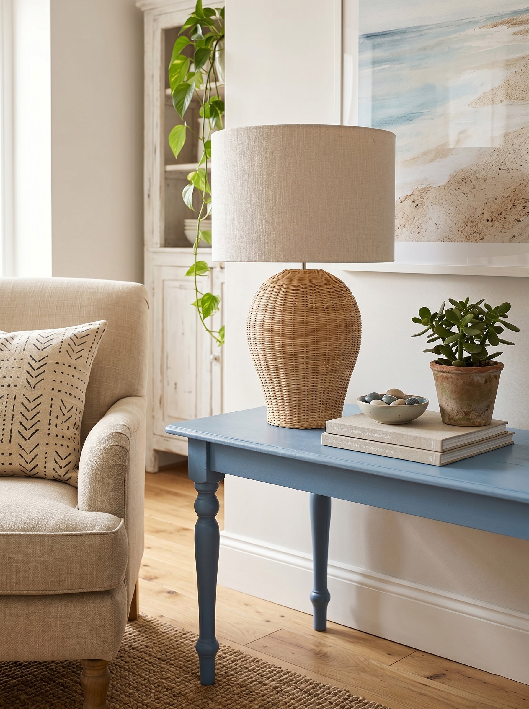 Close-up of the handwoven rattan base of the Saona lamp.