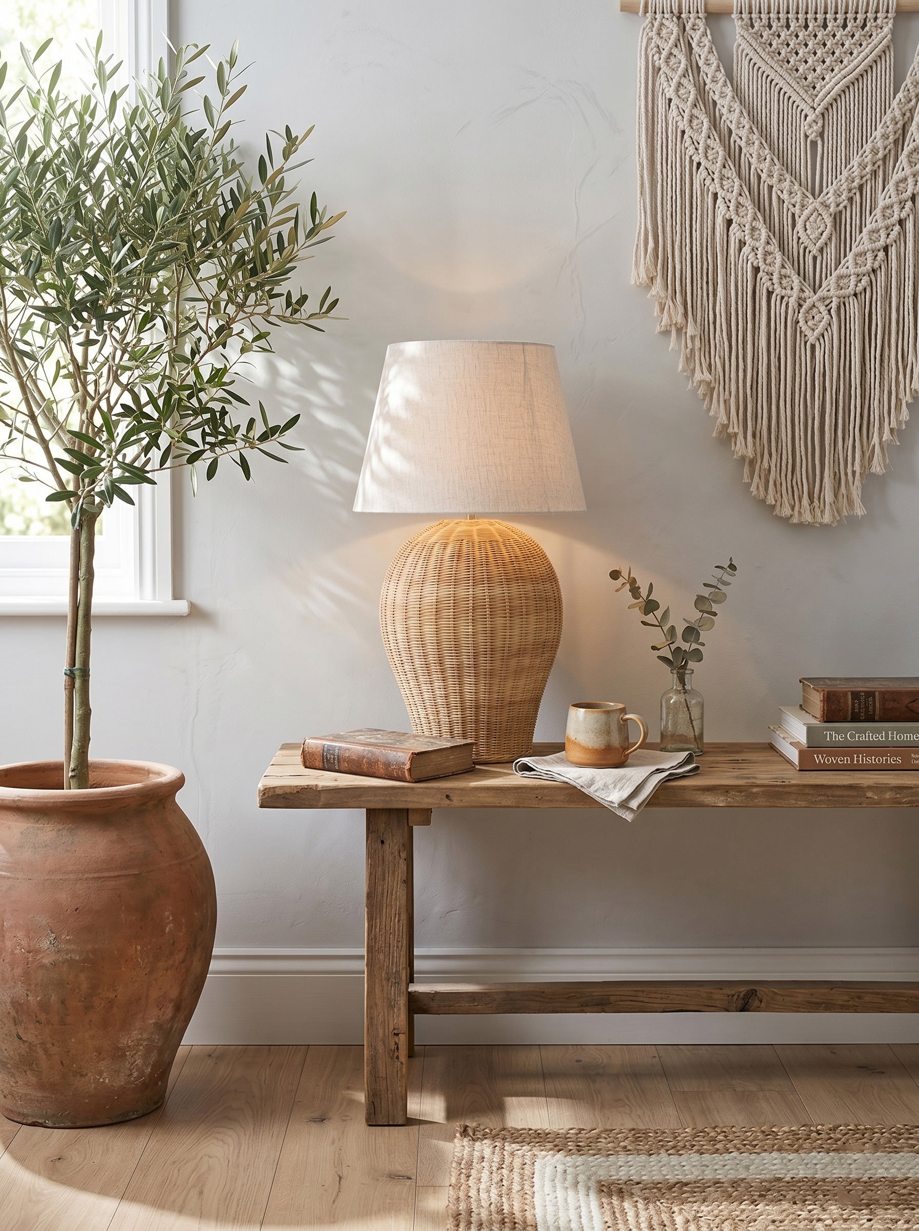 Detailed view of the texture on the rattan lamp body.