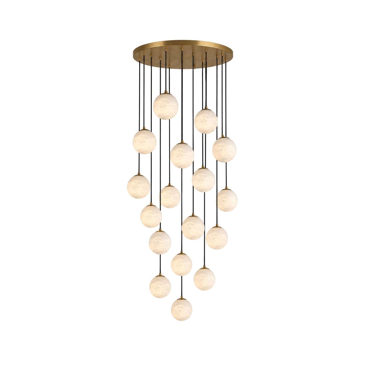 Savina Alabaster Chandelier with multiple glowing globes hanging in a grand entryway.
