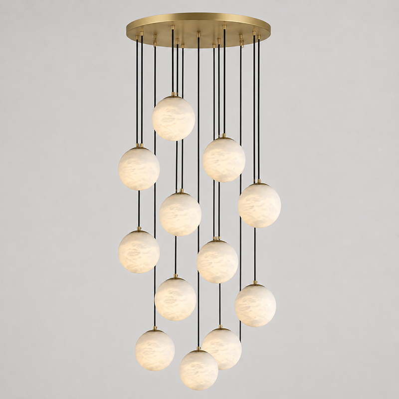 A 9-head configuration of the Savina Chandelier in a two-story foyer.