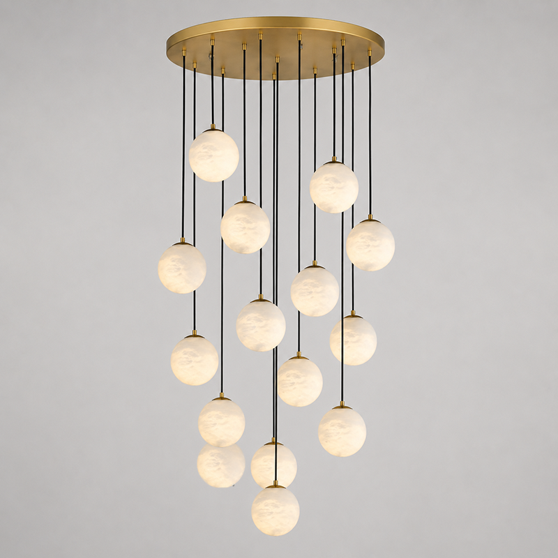 An 18-head Savina Chandelier providing ambient lighting in a large hall.