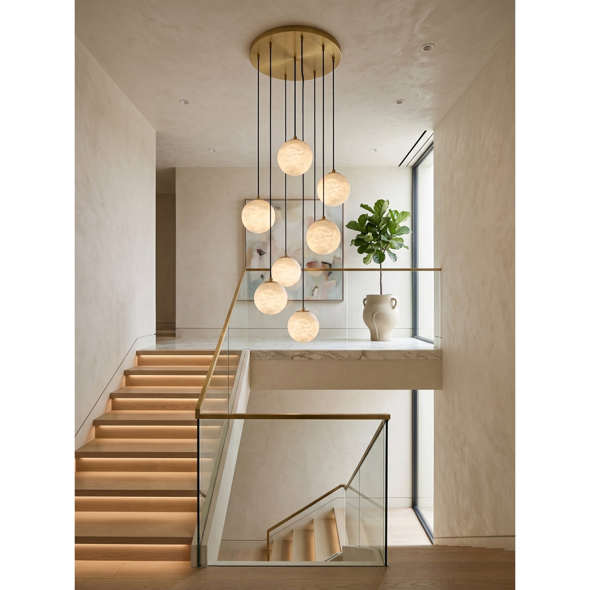 Side profile of the Savina Chandelier showing the staggered arrangement of the globes.