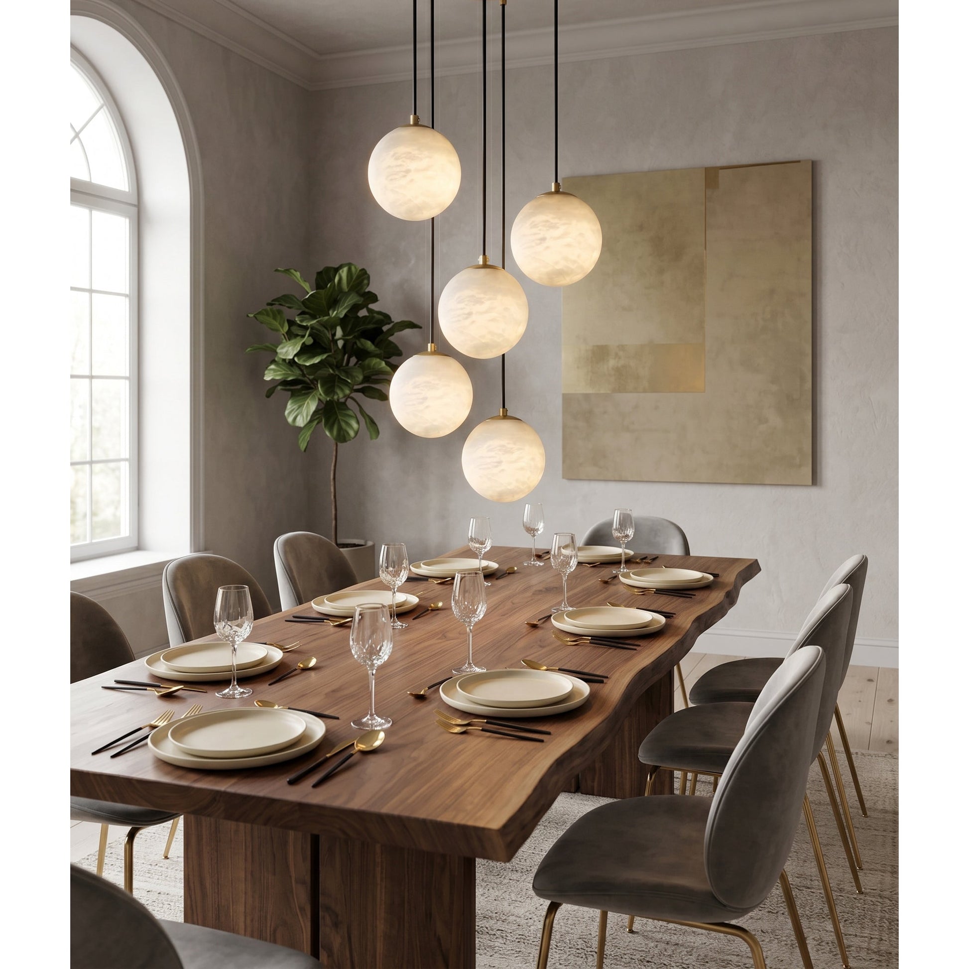 A 12-head Savina Chandelier creating a statement in a contemporary dining room.