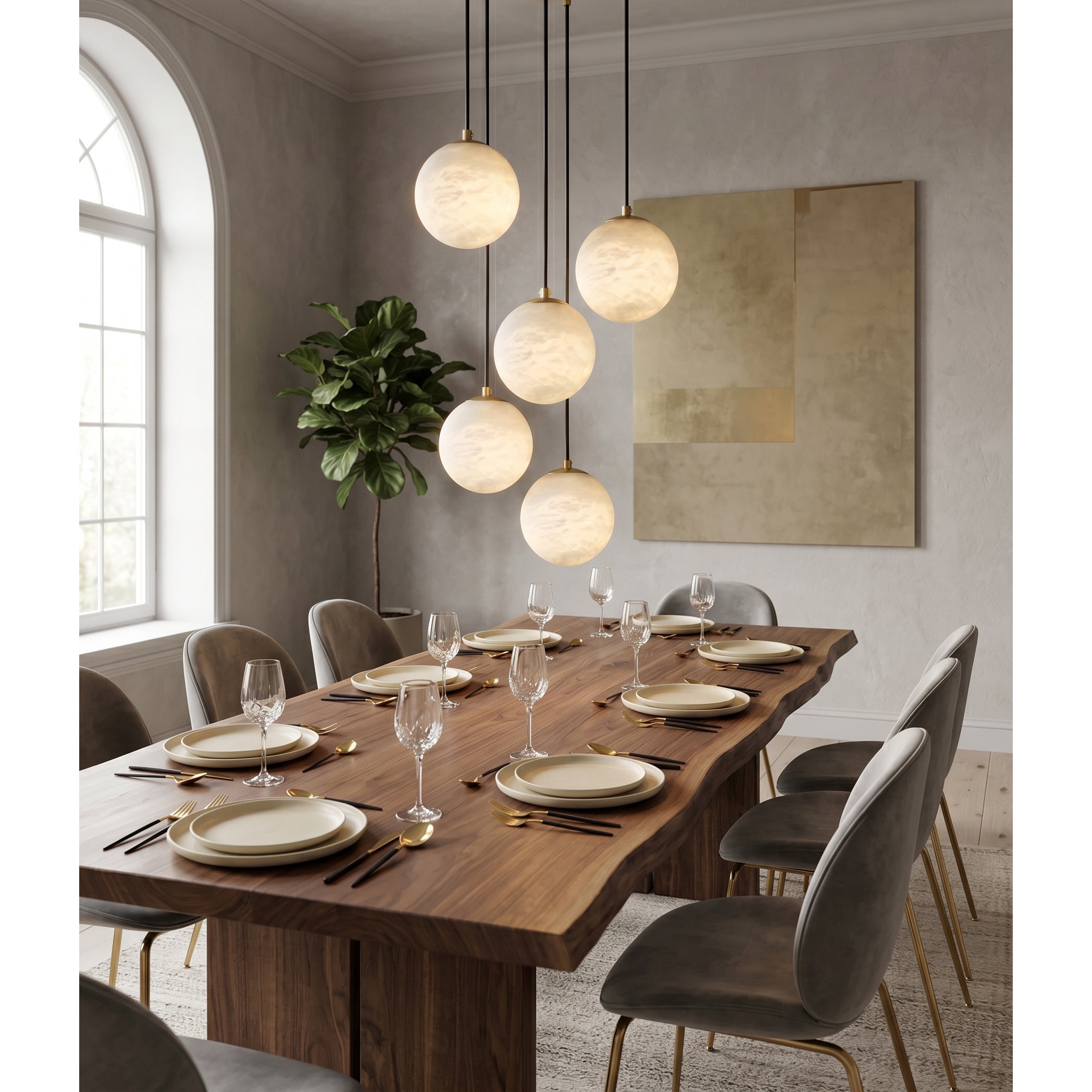 A 12-head Savina Chandelier creating a statement in a contemporary dining room.
