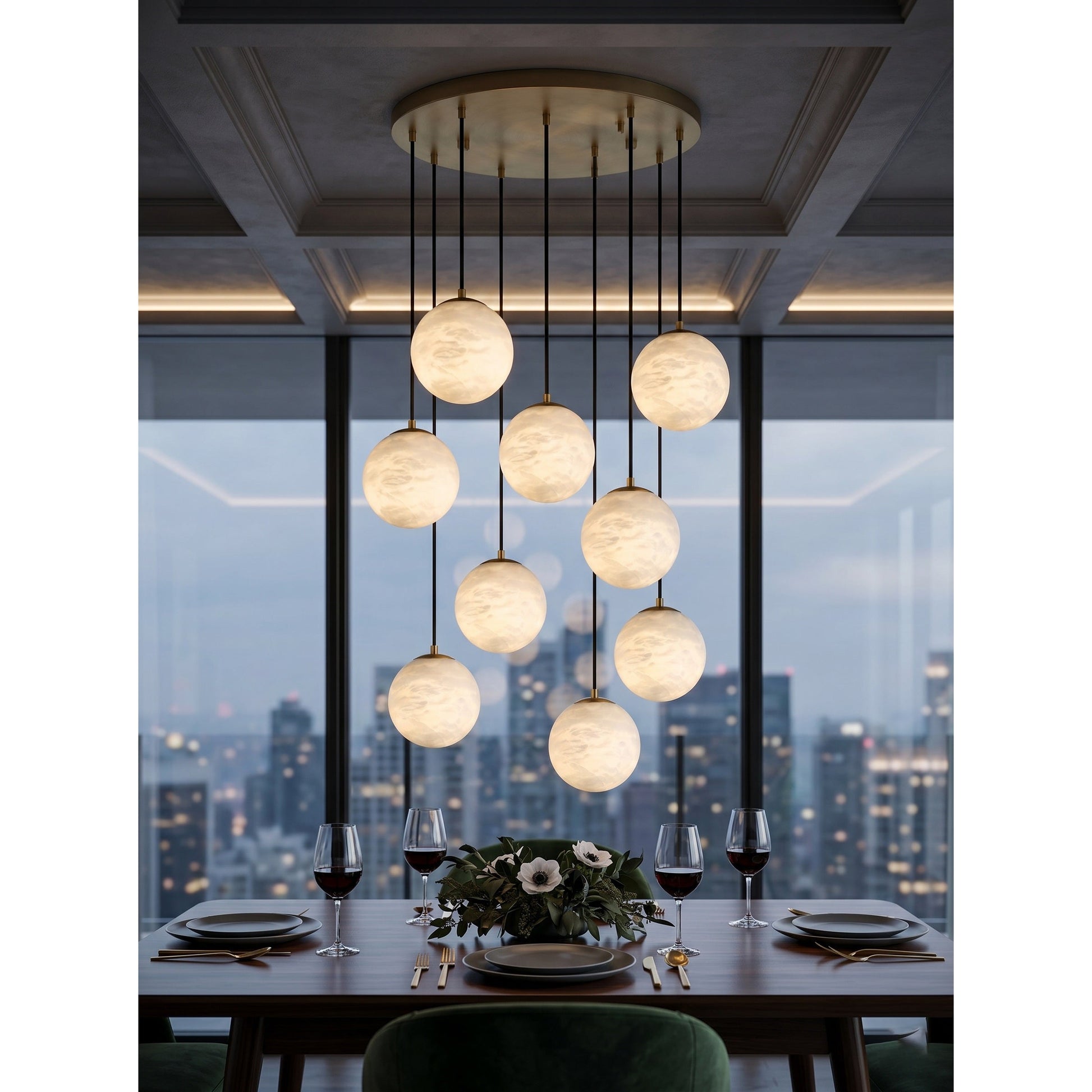 An angled view highlighting the spherical shape of the alabaster shades.