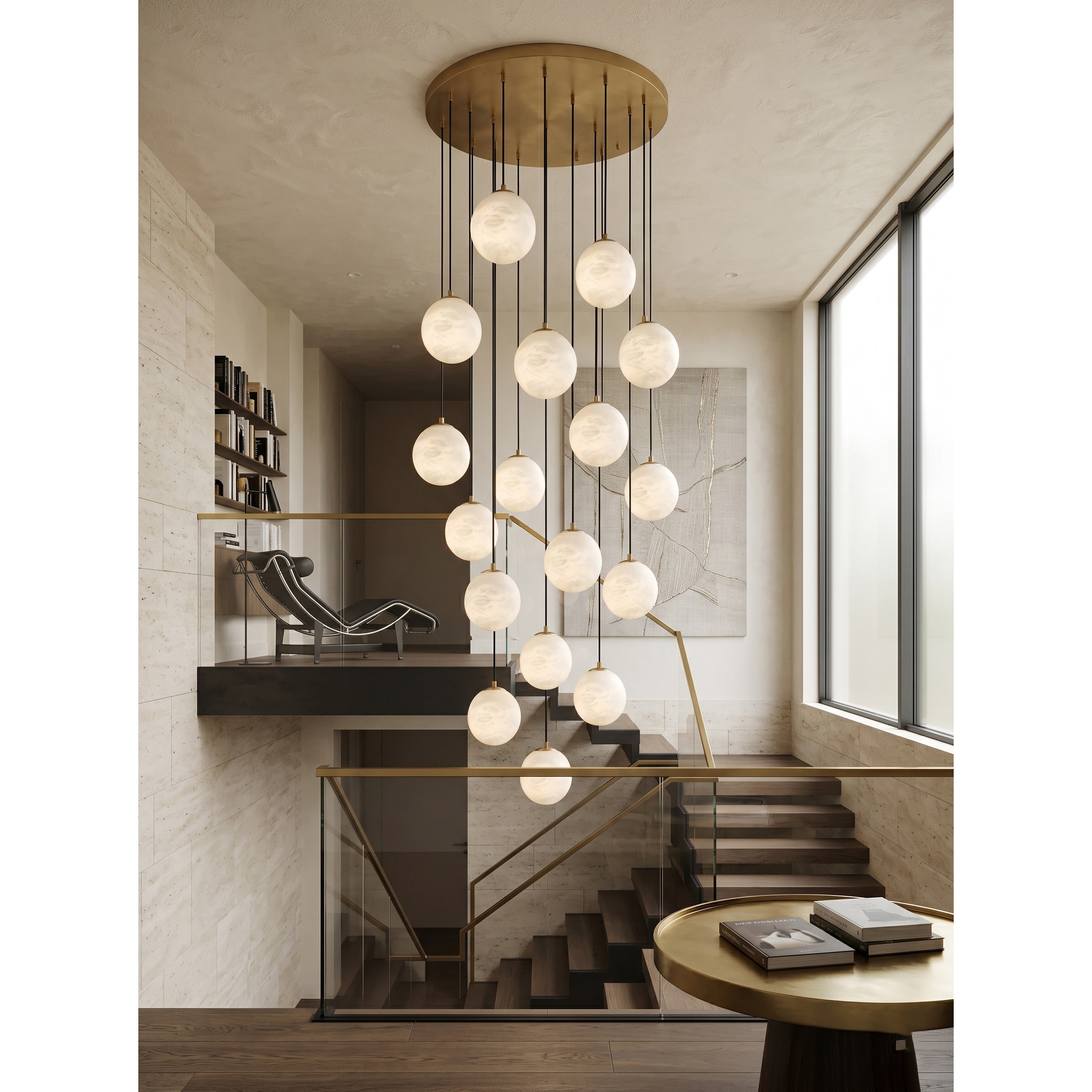The largest 21-head Savina Chandelier filling a tall, open-concept room.
