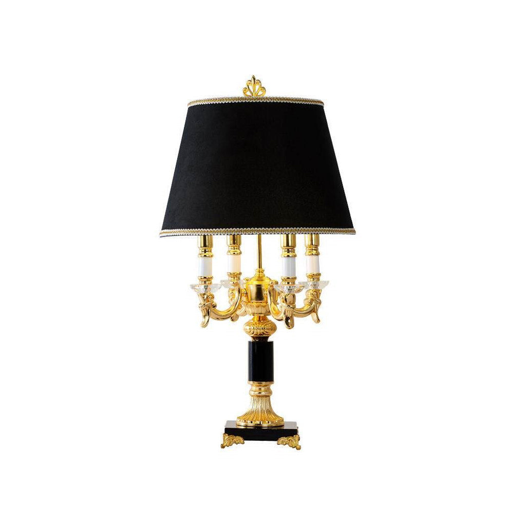 Sens Table Lamp with black shade and ornate gold and black base.