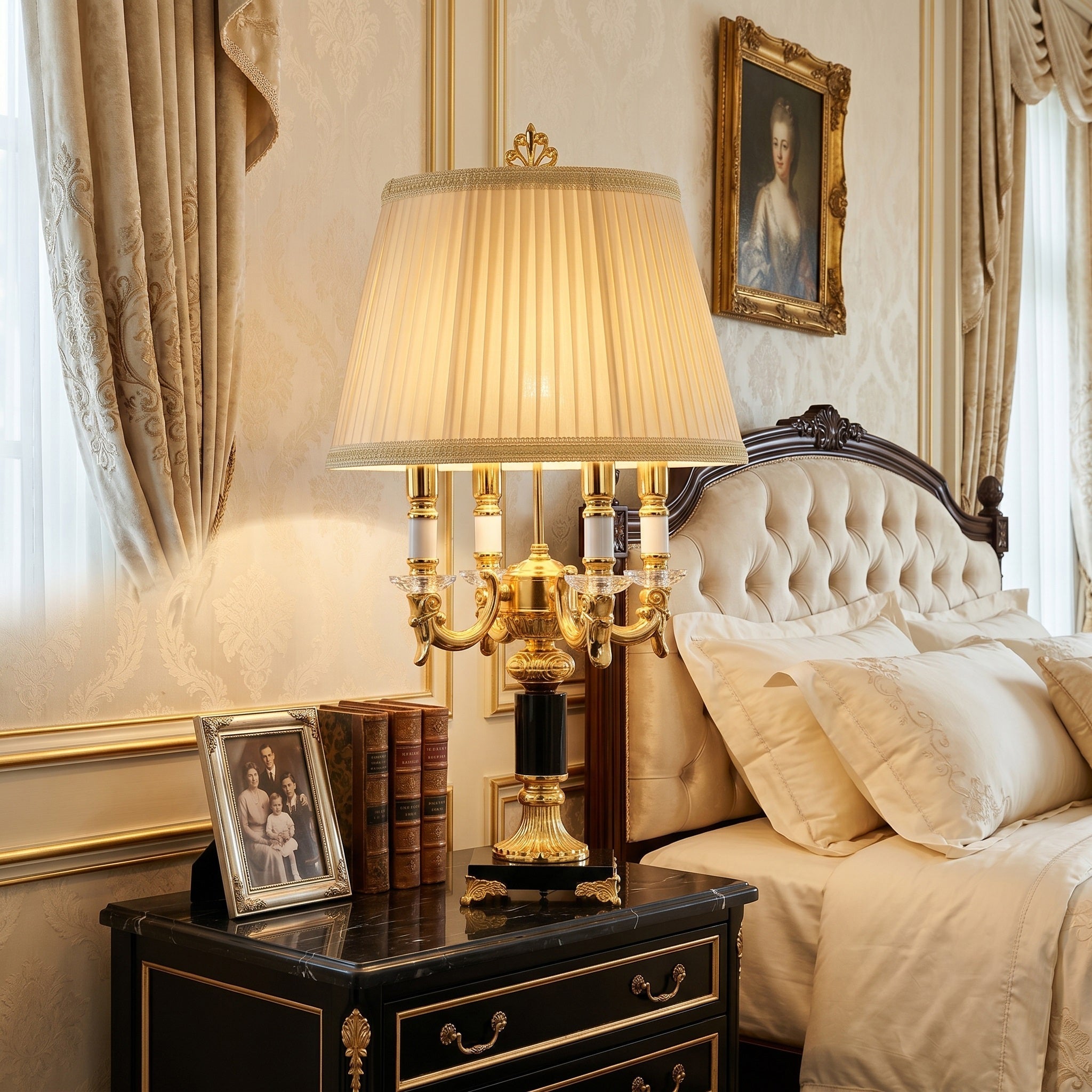 Close-up of the white fabric drum shade with gold trim.