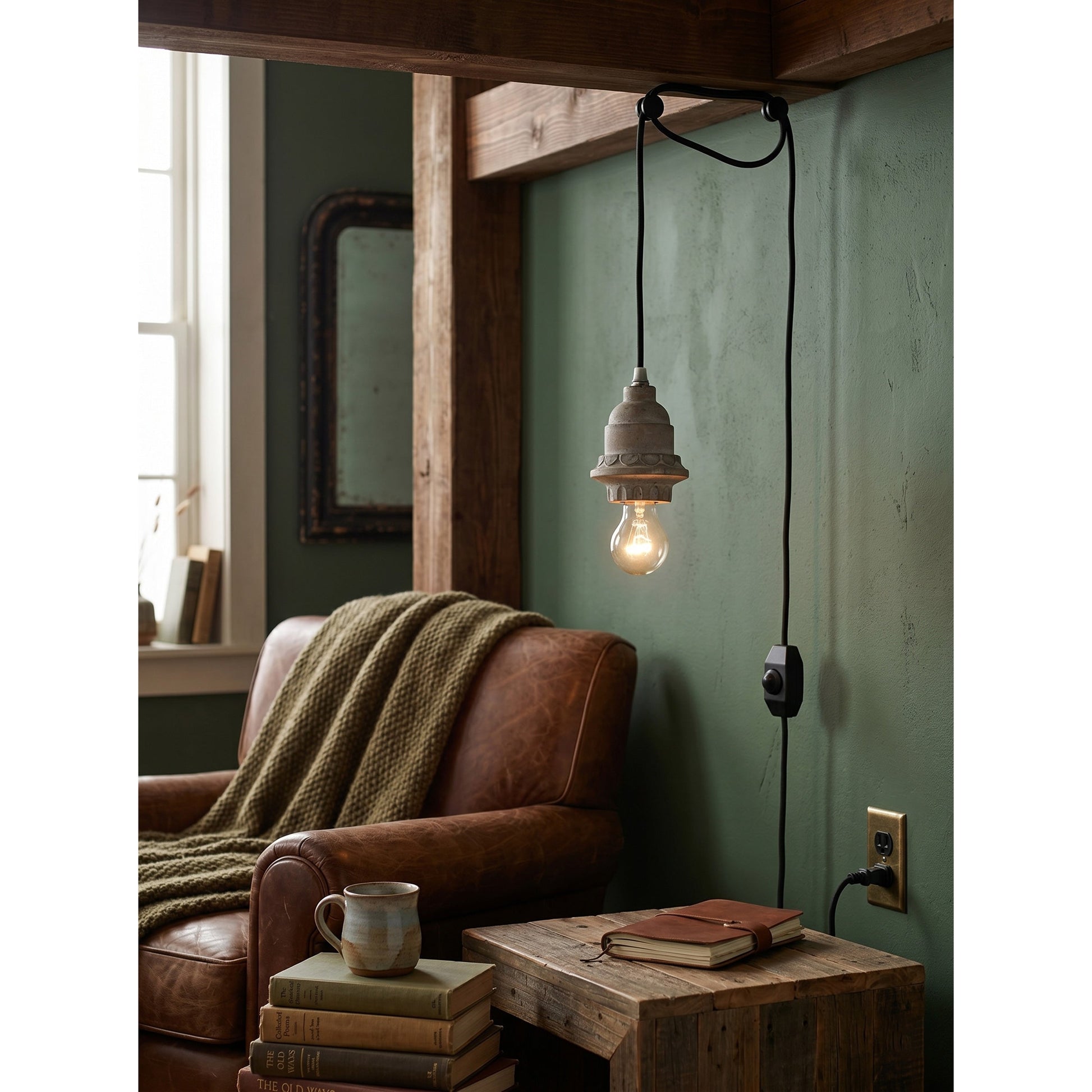 Silvares Wood Swag Light hanging over a kitchen island.