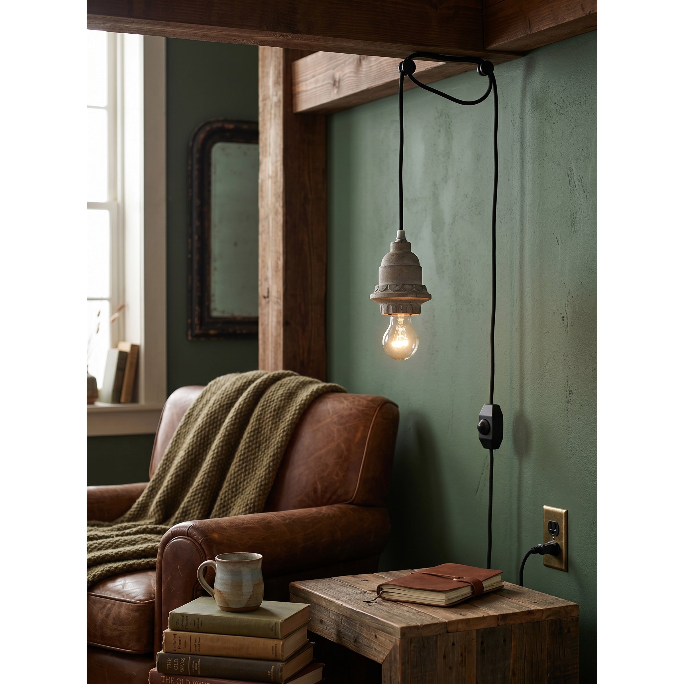 Silvares Wood Swag Light hanging over a kitchen island.