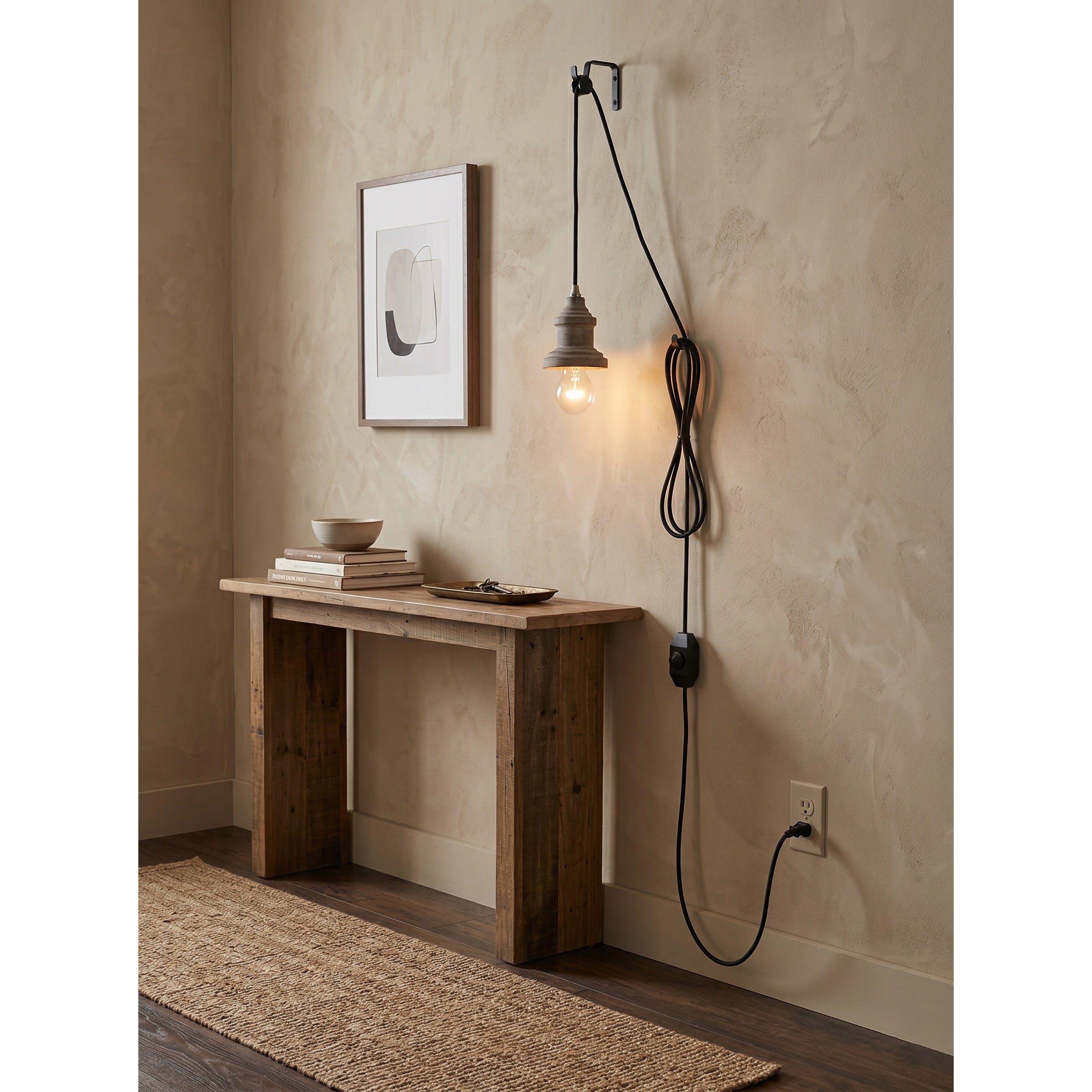 Top view of the Silvares Wood Swag Light showing the cord connection.