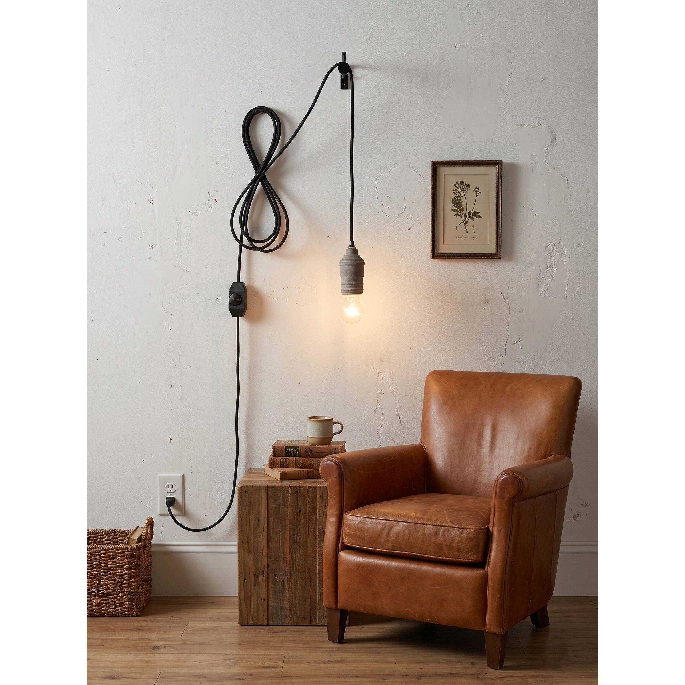 Lifestyle image of the wood swag light in a modern rustic bedroom.