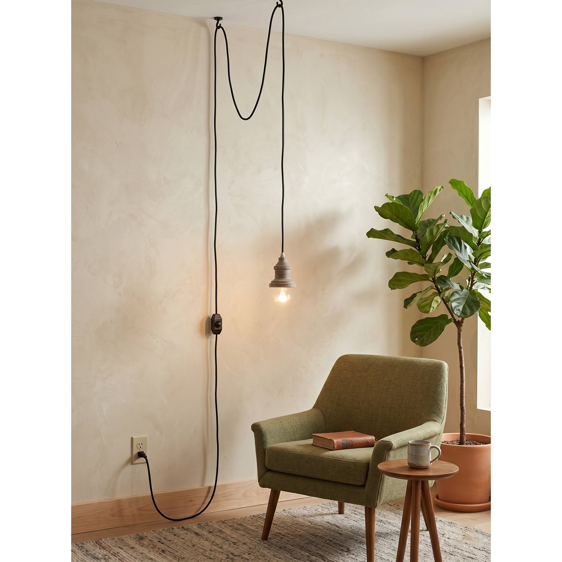 Silvares Wood Swag Light illuminating a cozy living room corner.