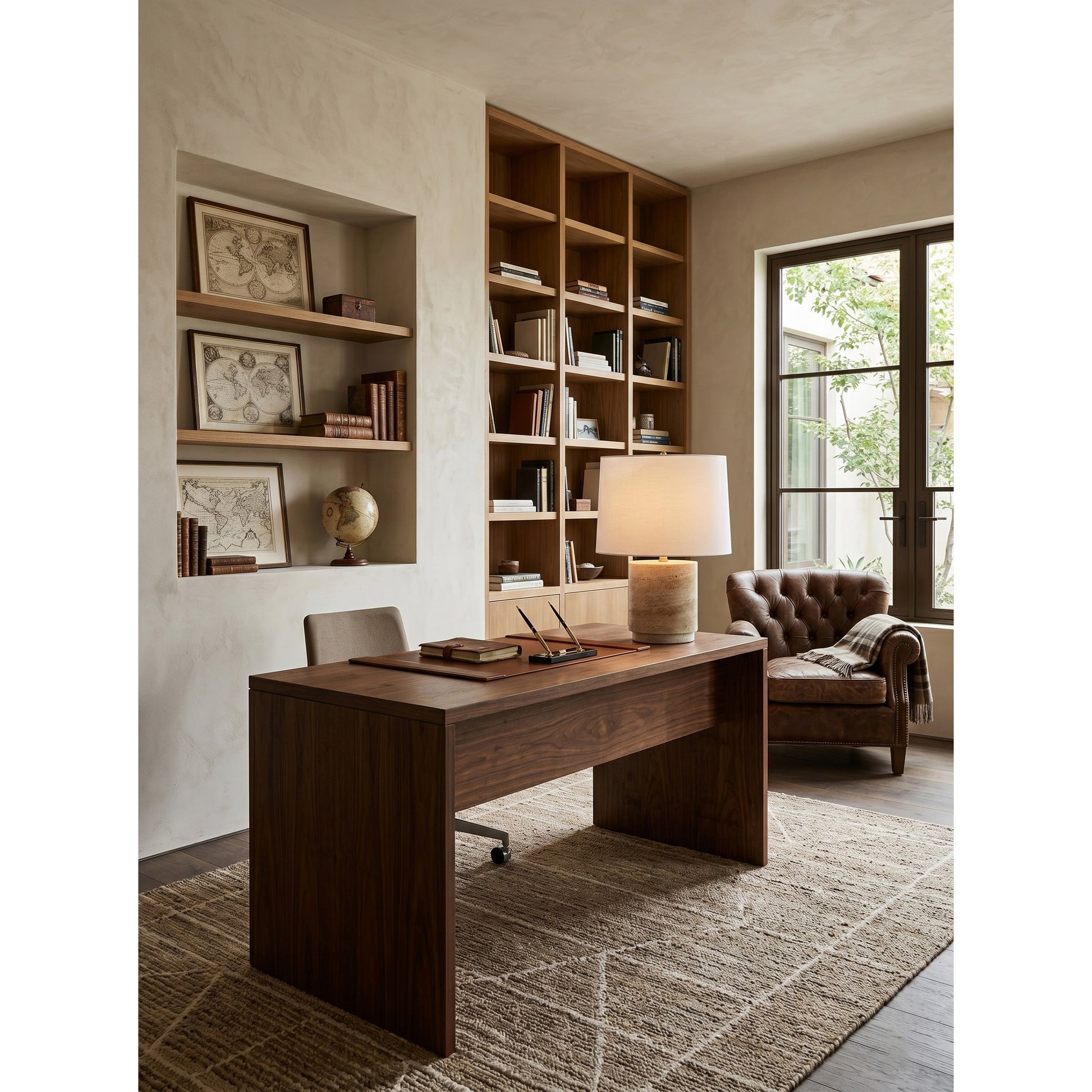 Full view of the Toby Travertine Table Lamp against a neutral background.
