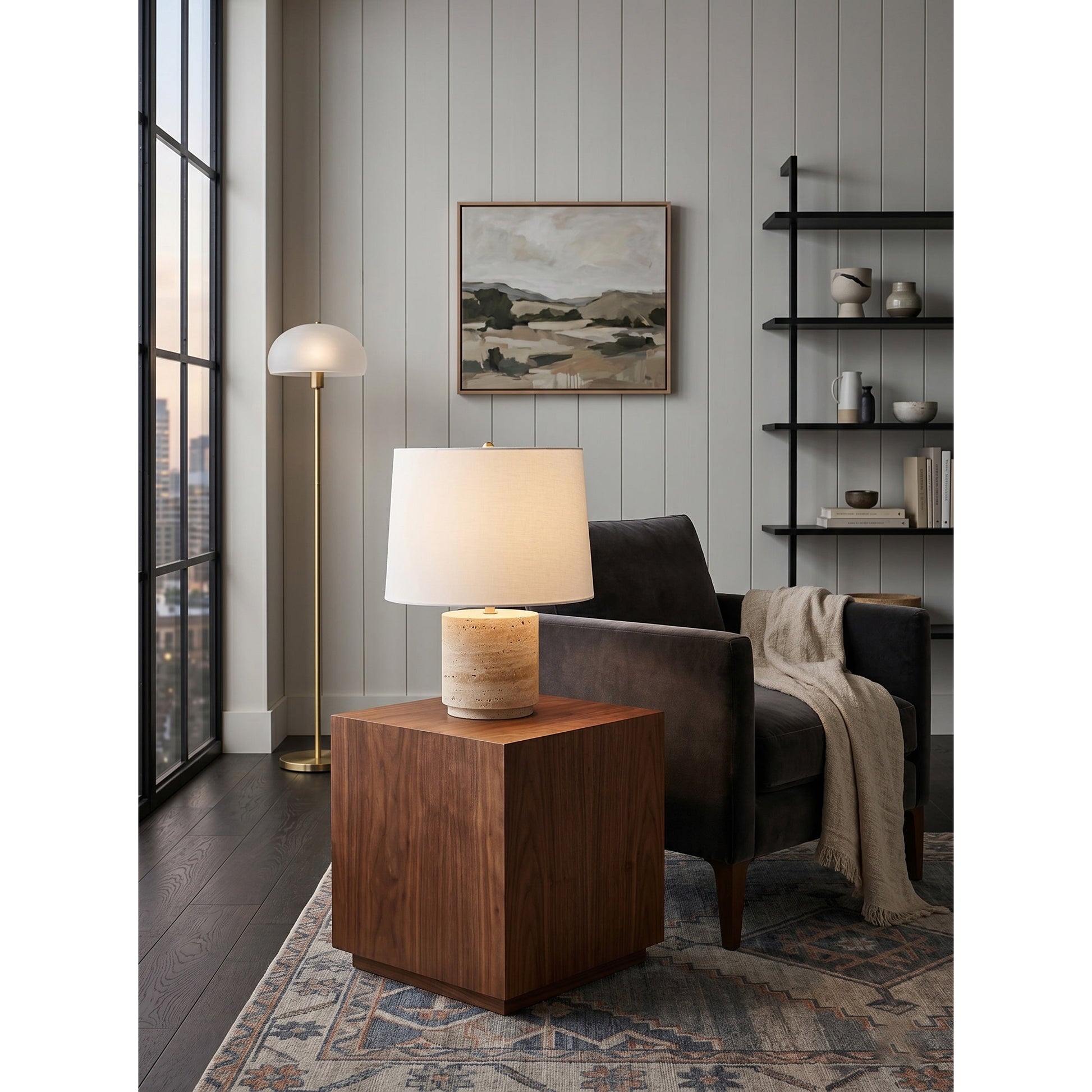 Toby Travertine Table Lamp in a sophisticated entryway console setting.
