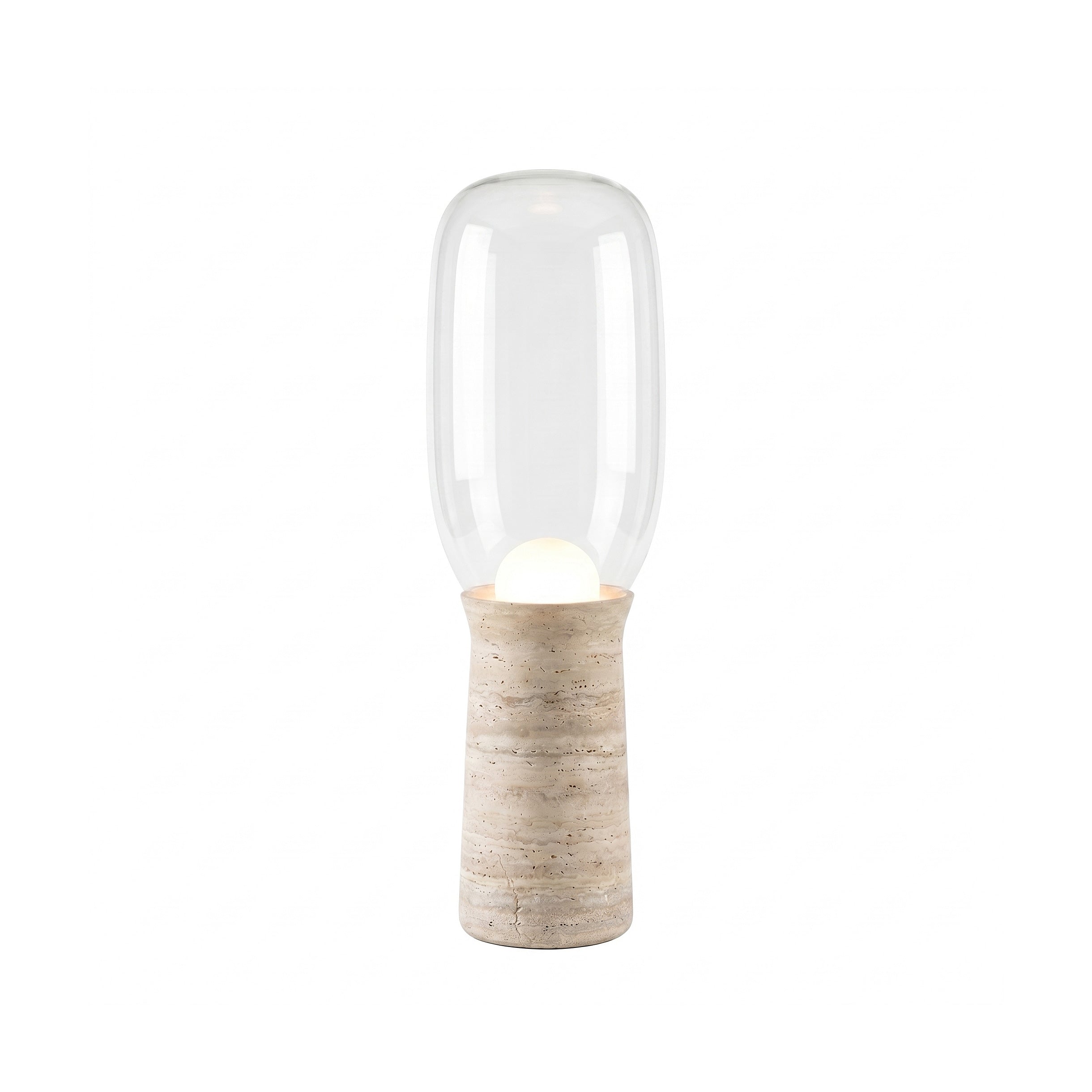 Torch Floor Lamp with a travertine base and glowing glass dome.