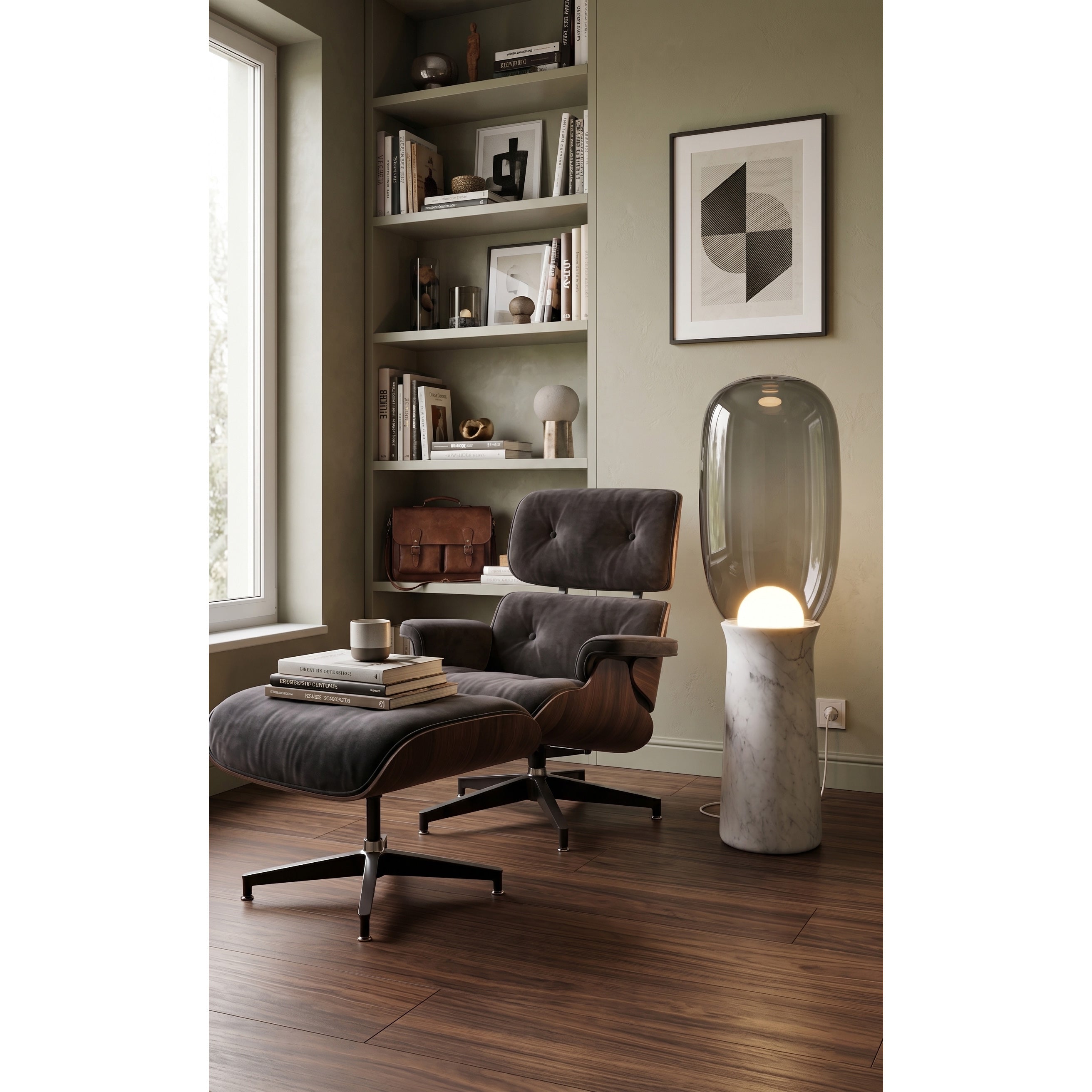 A version of the Torch Floor Lamp with a sleek black marble base.